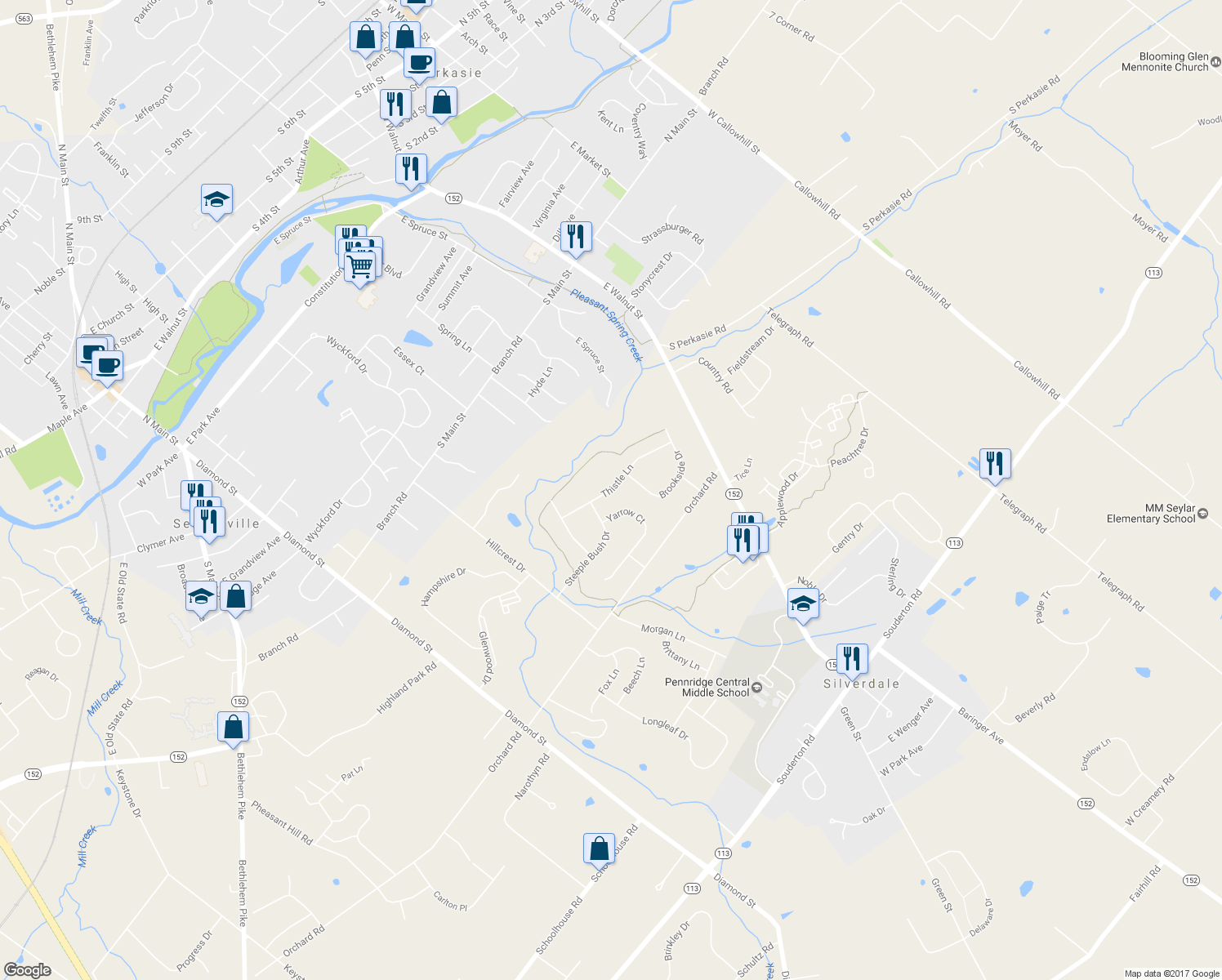 map of restaurants, bars, coffee shops, grocery stores, and more near 318 Thistle Lane in Perkasie