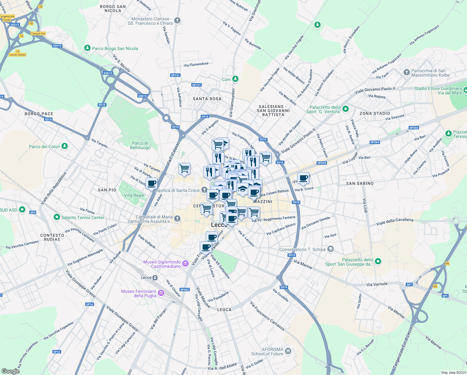 map of restaurants, bars, coffee shops, grocery stores, and more near 53-55 Via di Porcigliano in Lecce