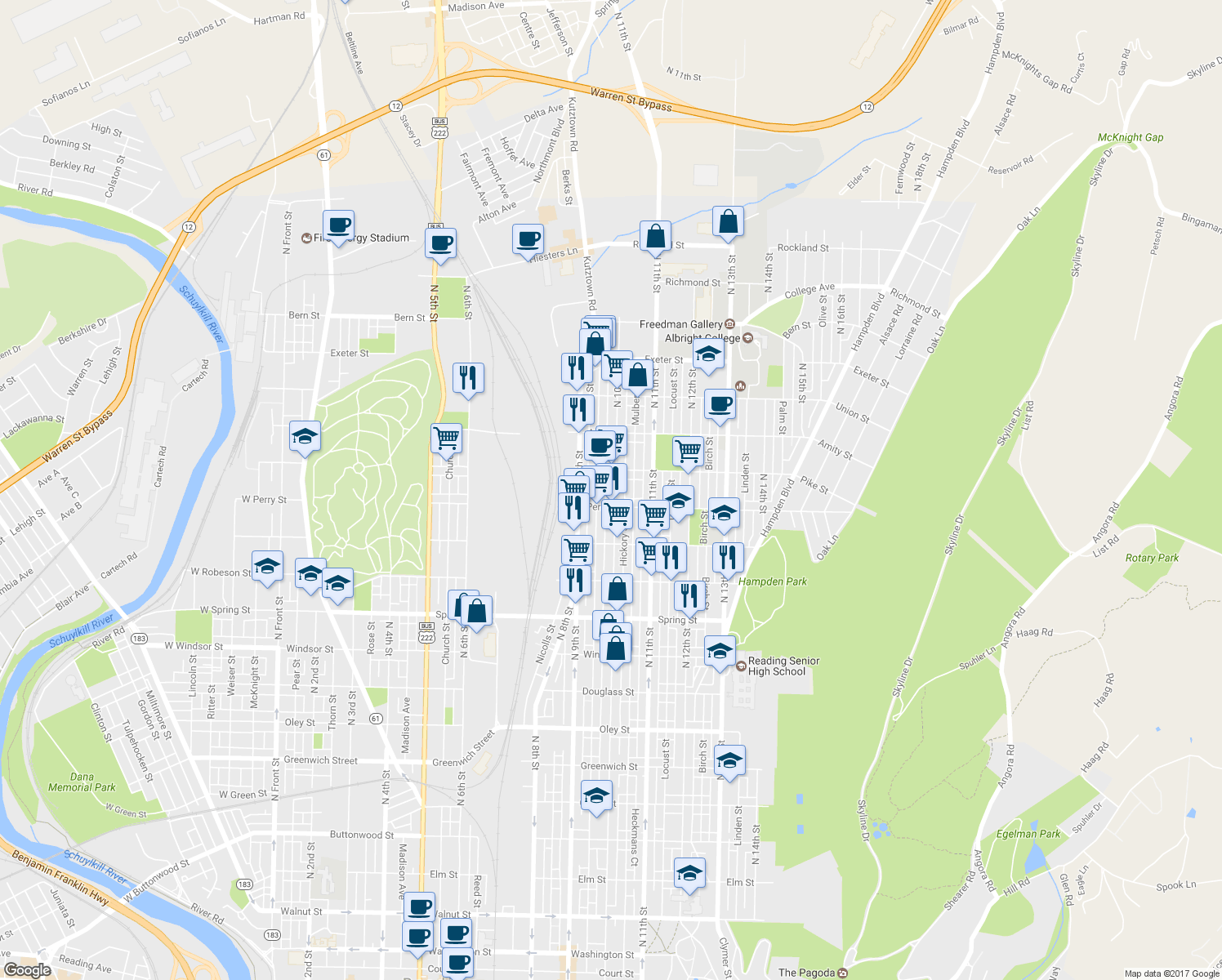 map of restaurants, bars, coffee shops, grocery stores, and more near 1330 North 10th Street in Reading