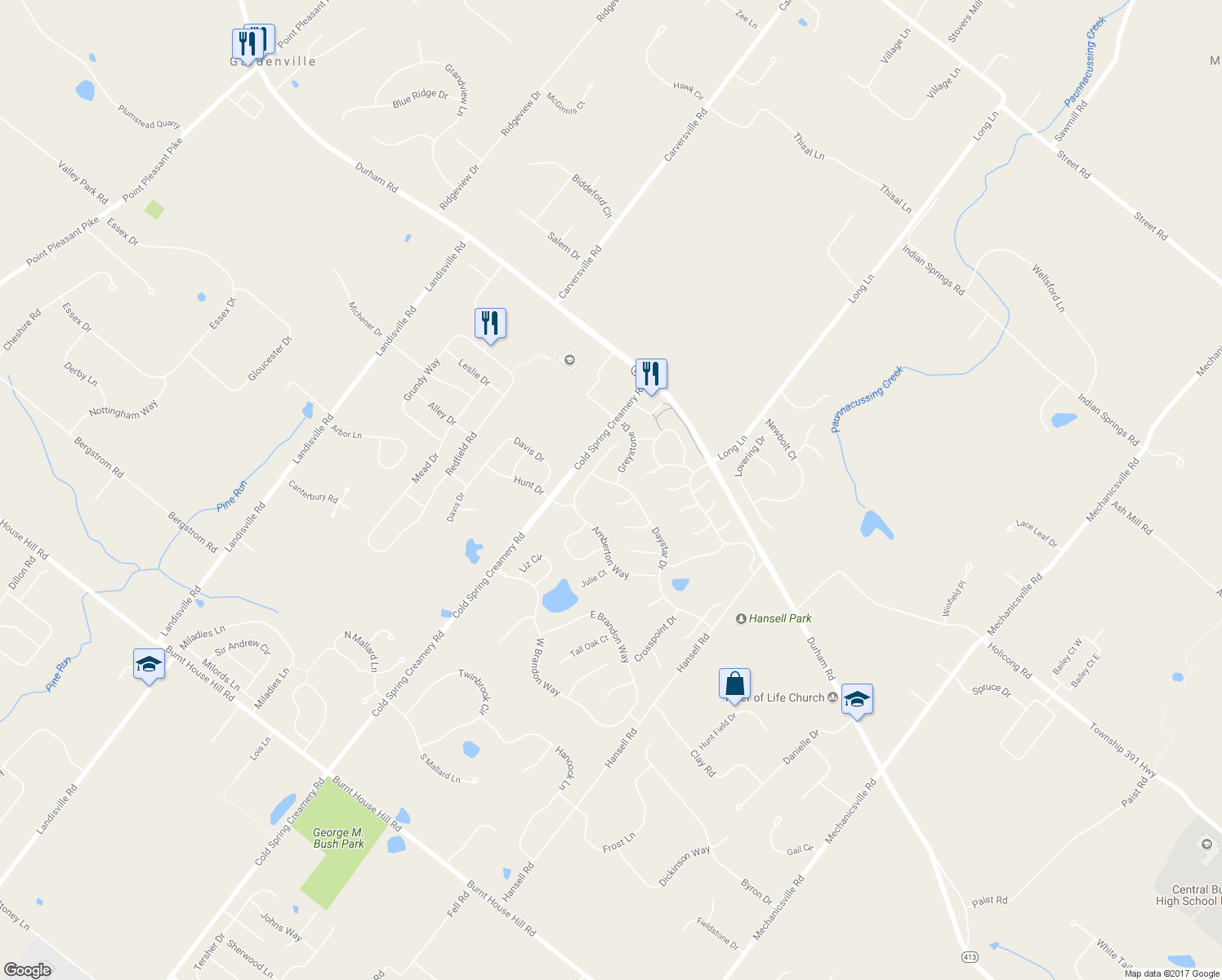 map of restaurants, bars, coffee shops, grocery stores, and more near 3924 Daystar Drive in Doylestown