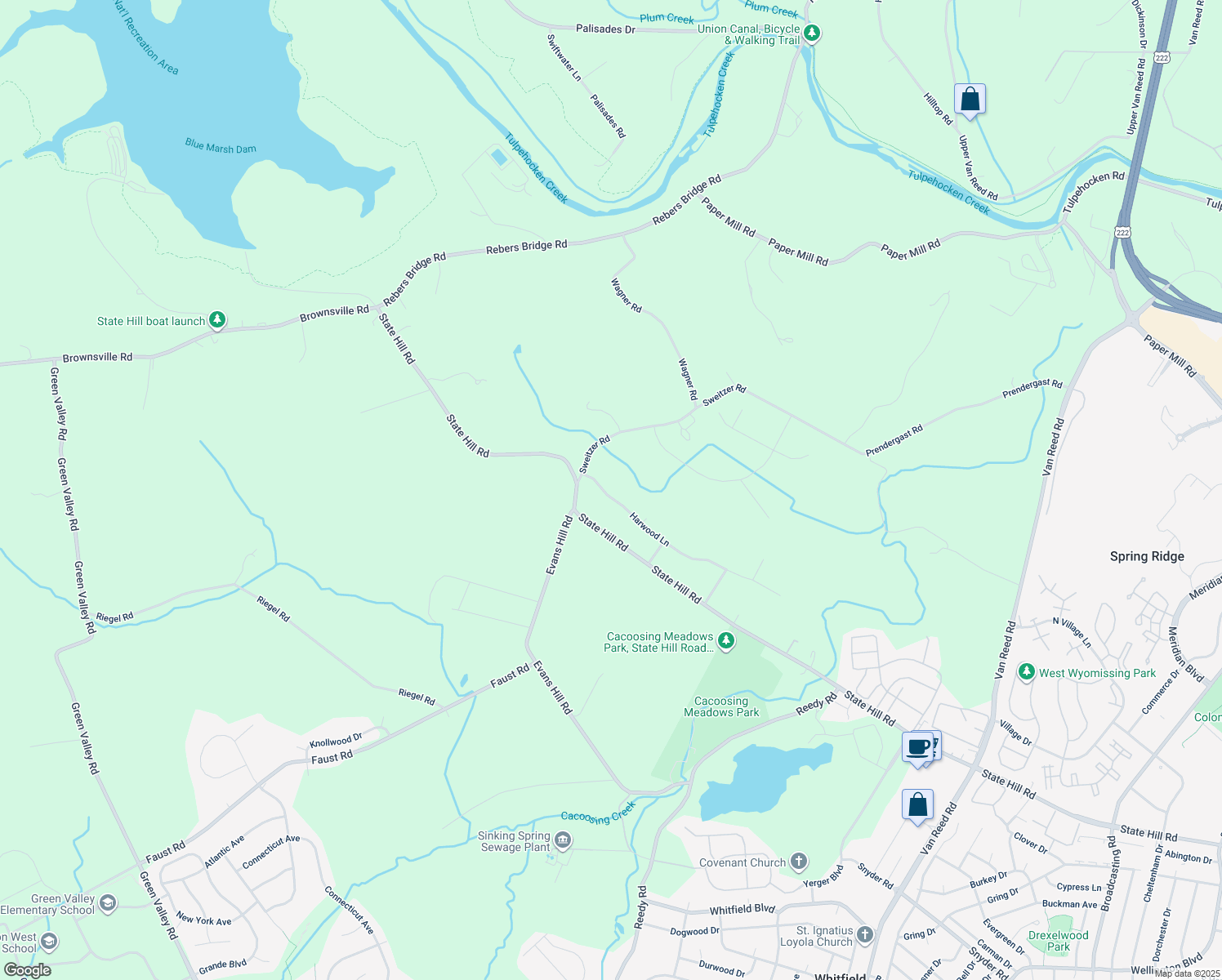 map of restaurants, bars, coffee shops, grocery stores, and more near 3377 Harwood Lane in Sinking Spring