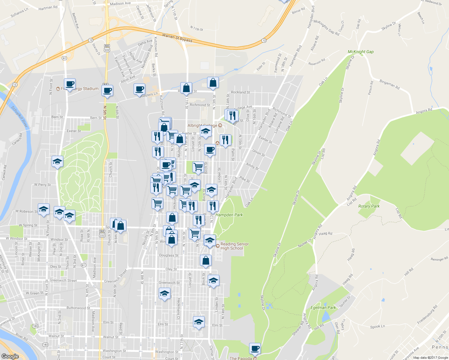 map of restaurants, bars, coffee shops, grocery stores, and more near 1324 North 14th Street in Reading