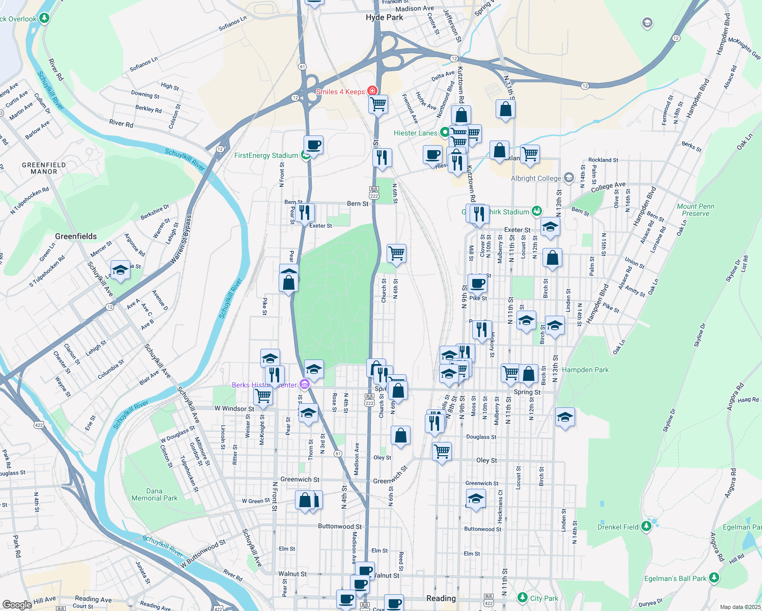 map of restaurants, bars, coffee shops, grocery stores, and more near 1336 Church Street in Reading