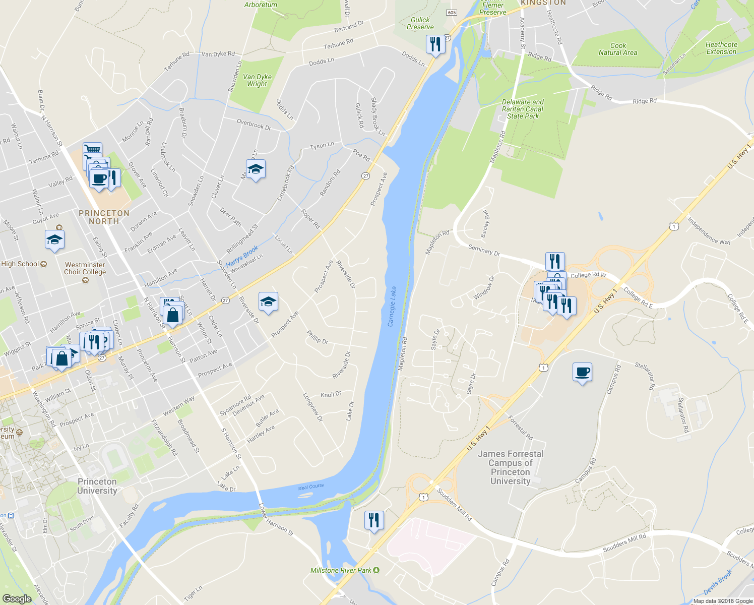 map of restaurants, bars, coffee shops, grocery stores, and more near 31 Adams Drive in Princeton