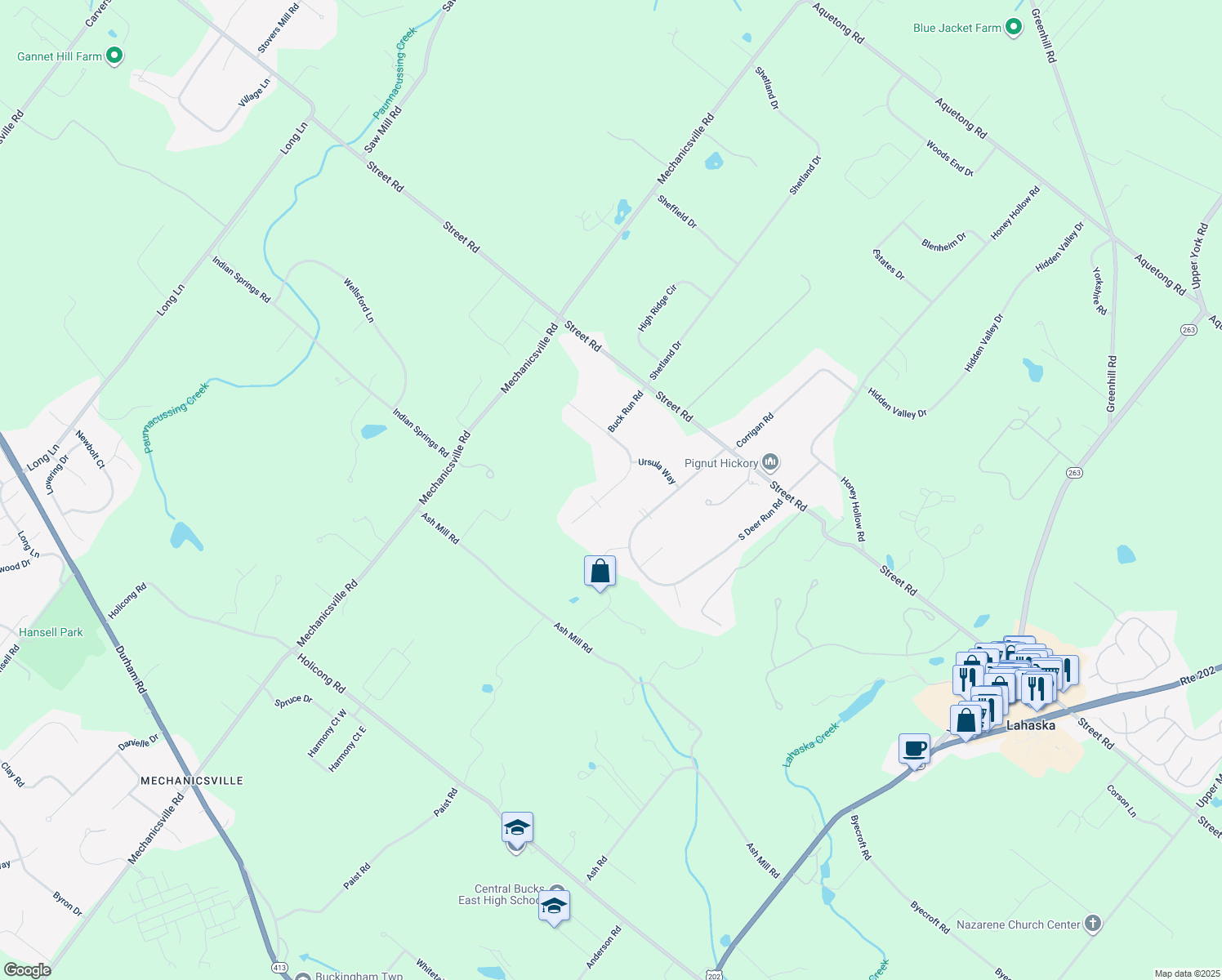 map of restaurants, bars, coffee shops, grocery stores, and more near 3016 Antler Drive in Doylestown
