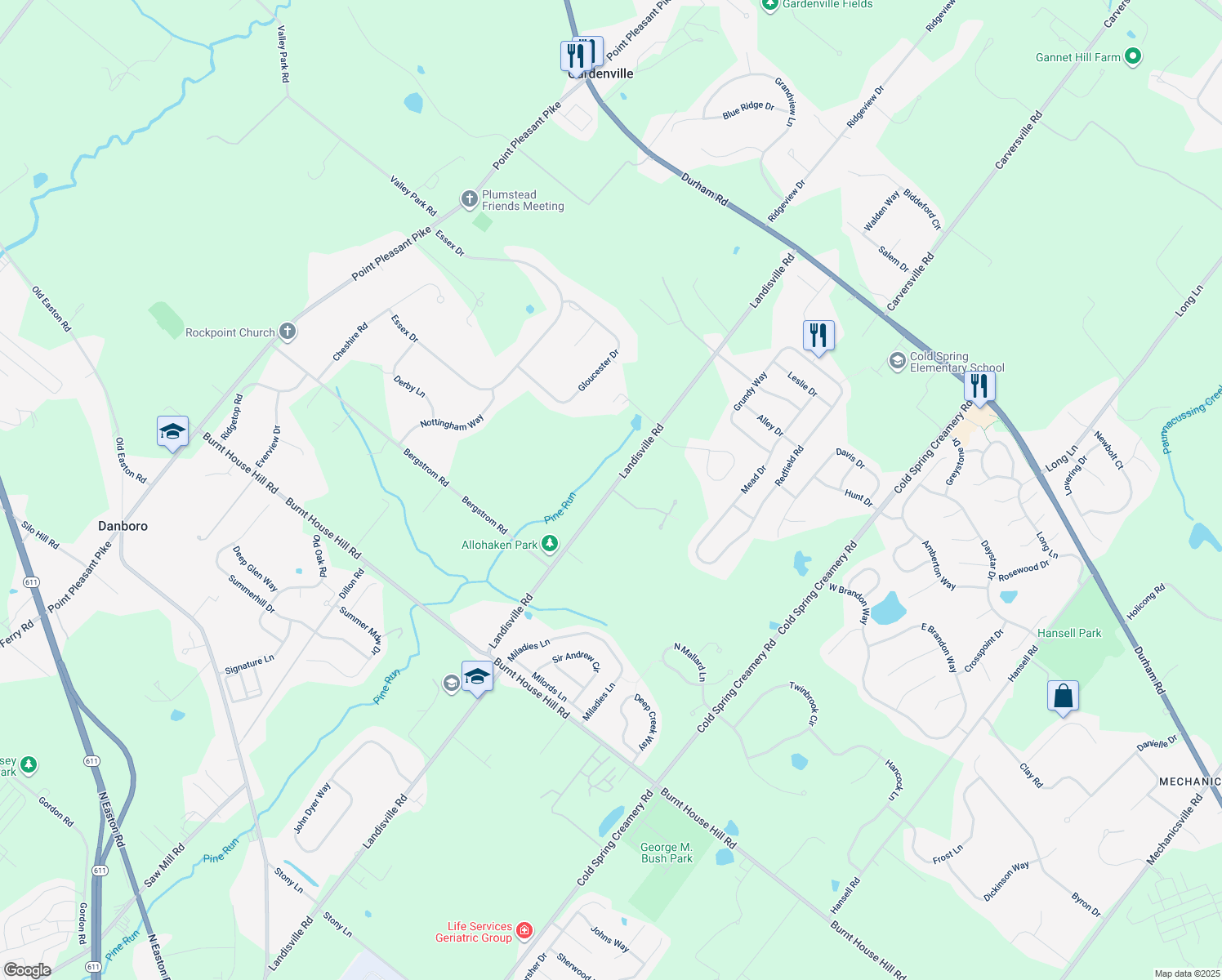 map of restaurants, bars, coffee shops, grocery stores, and more near 4759 Landisville Road in Doylestown
