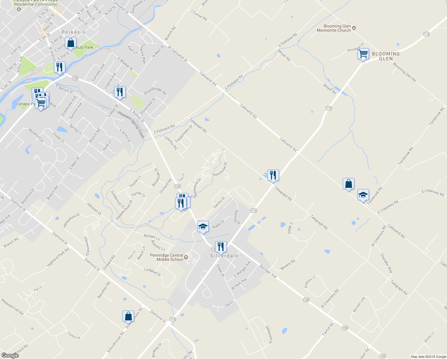map of restaurants, bars, coffee shops, grocery stores, and more near 2621 Crabapple Circle in Perkasie