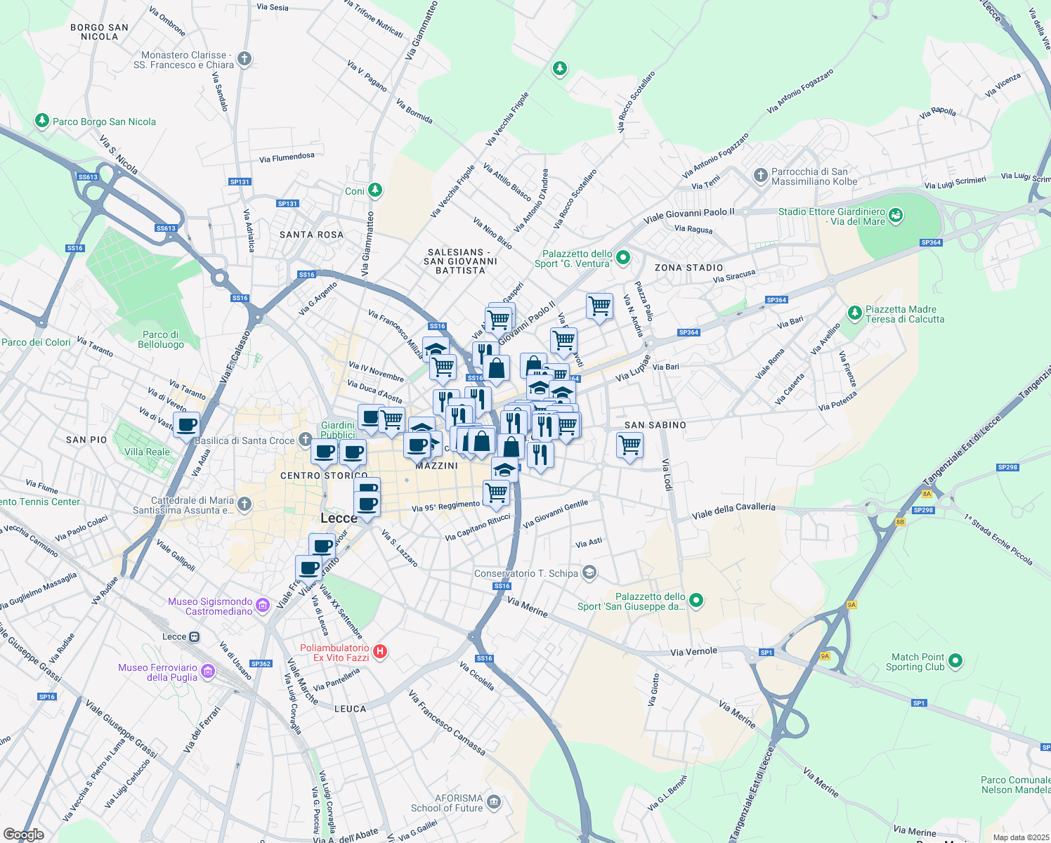 map of restaurants, bars, coffee shops, grocery stores, and more near 4-10 Via Lupiae in Lecce