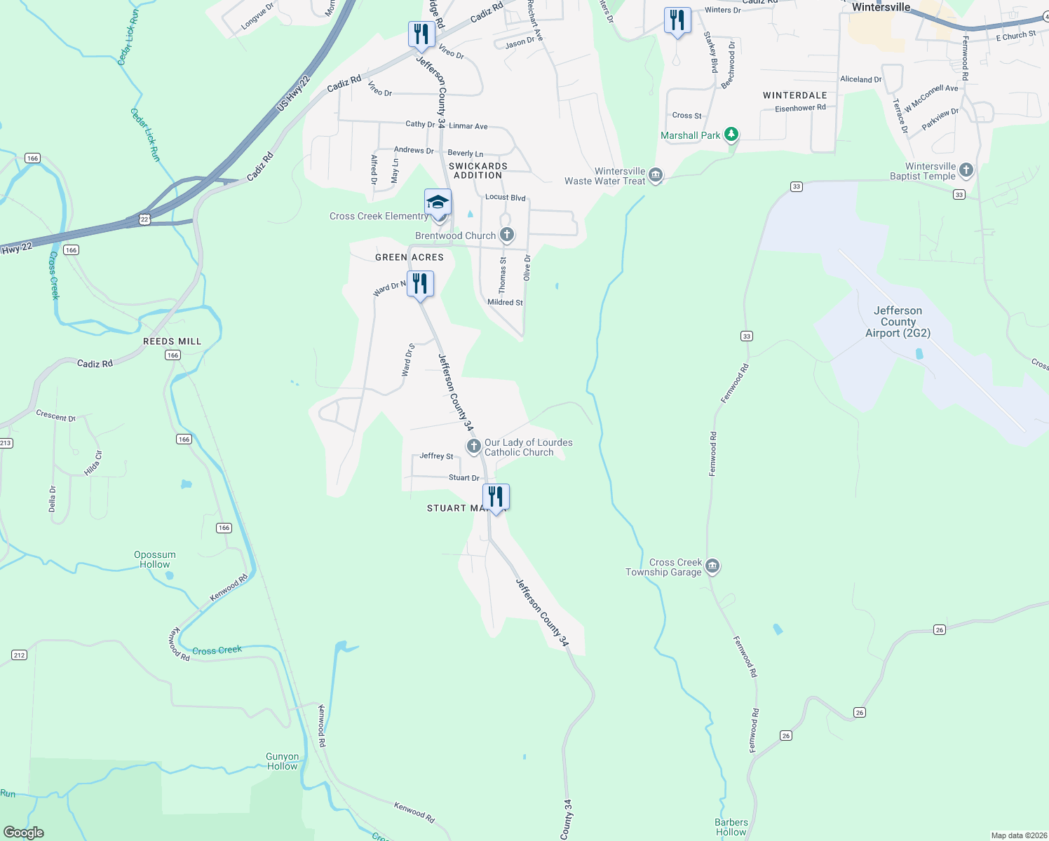 map of restaurants, bars, coffee shops, grocery stores, and more near 235 Evergreen Terrace Drive in Steubenville