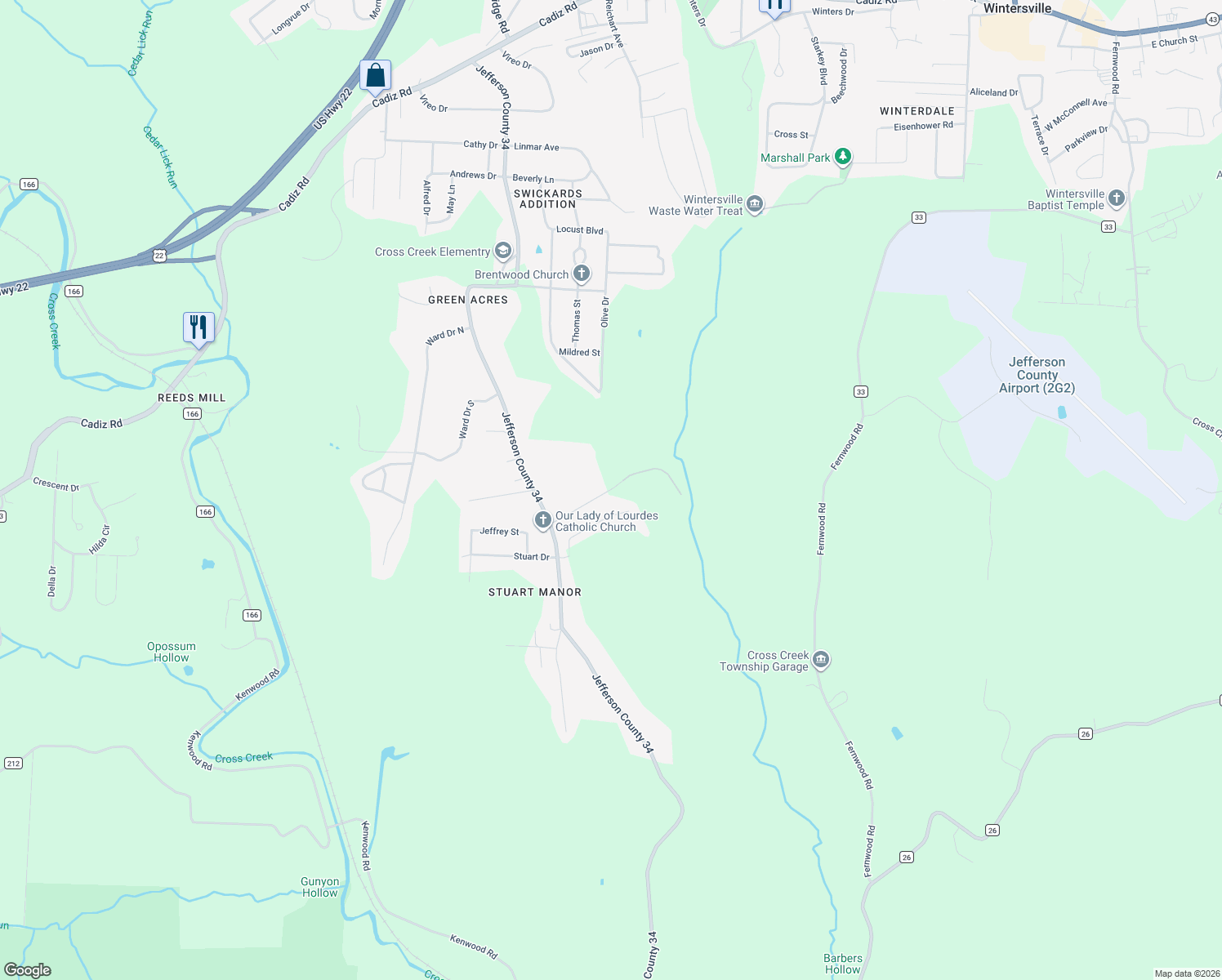 map of restaurants, bars, coffee shops, grocery stores, and more near 235 Evergreen Terrace Drive in Steubenville