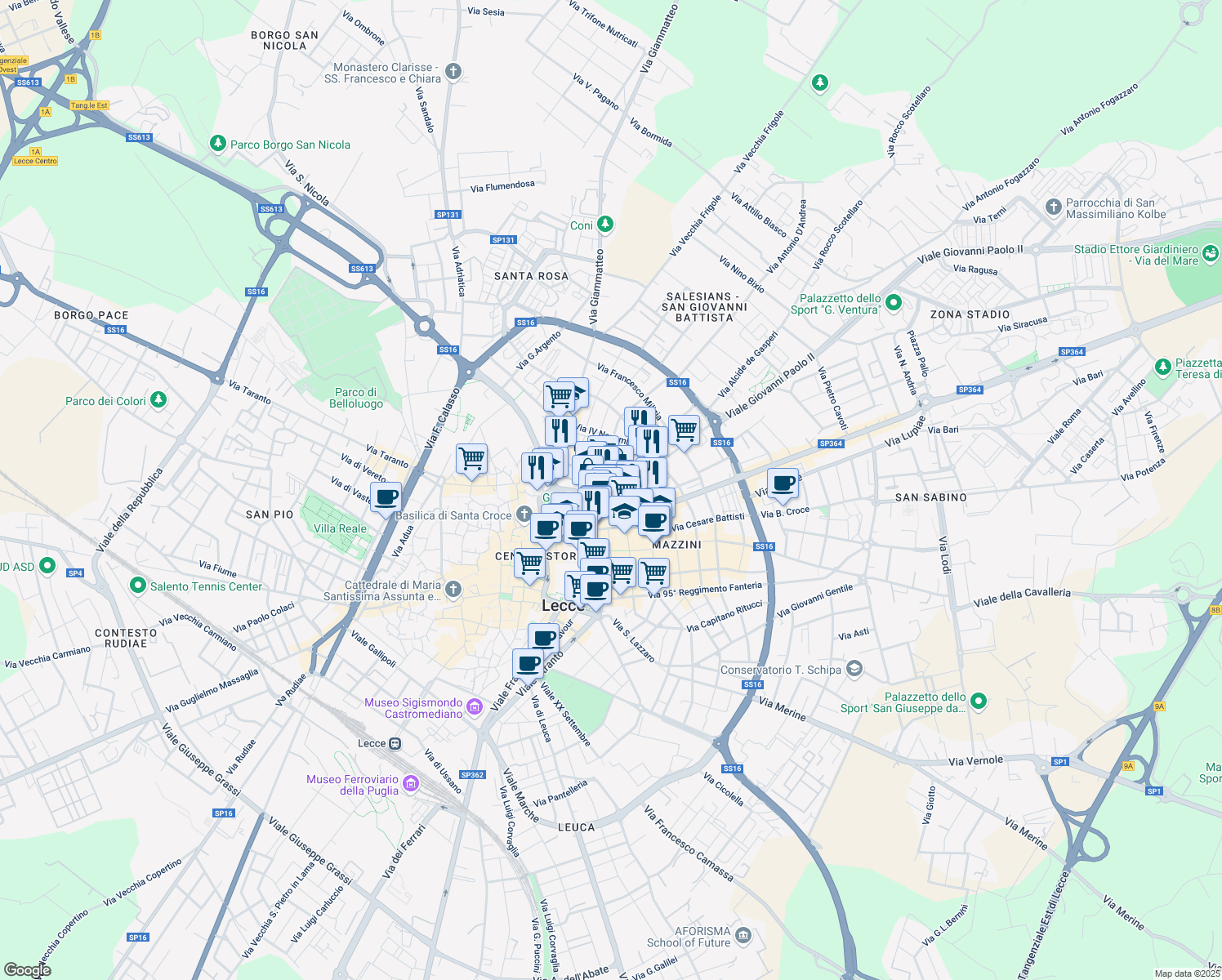 map of restaurants, bars, coffee shops, grocery stores, and more near 55 Via di Porcigliano in Lecce