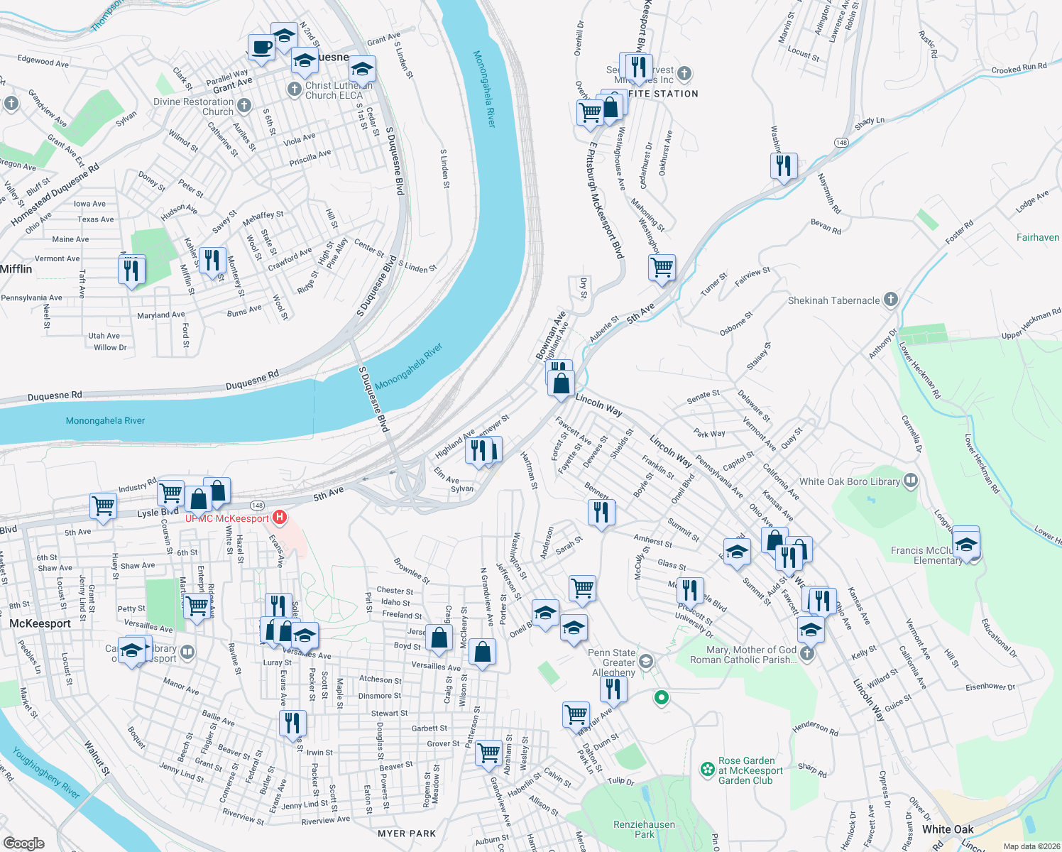 map of restaurants, bars, coffee shops, grocery stores, and more near 2525 5th Avenue in McKeesport