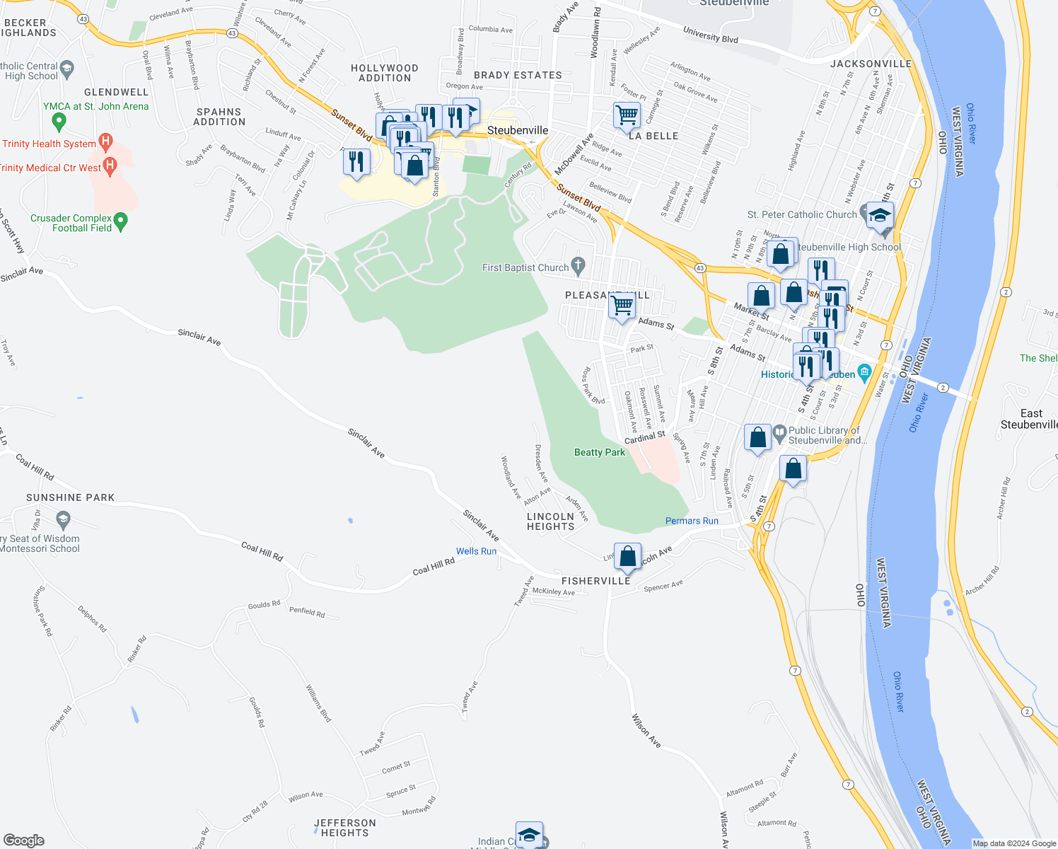 map of restaurants, bars, coffee shops, grocery stores, and more near 401 Dresden Avenue in Steubenville