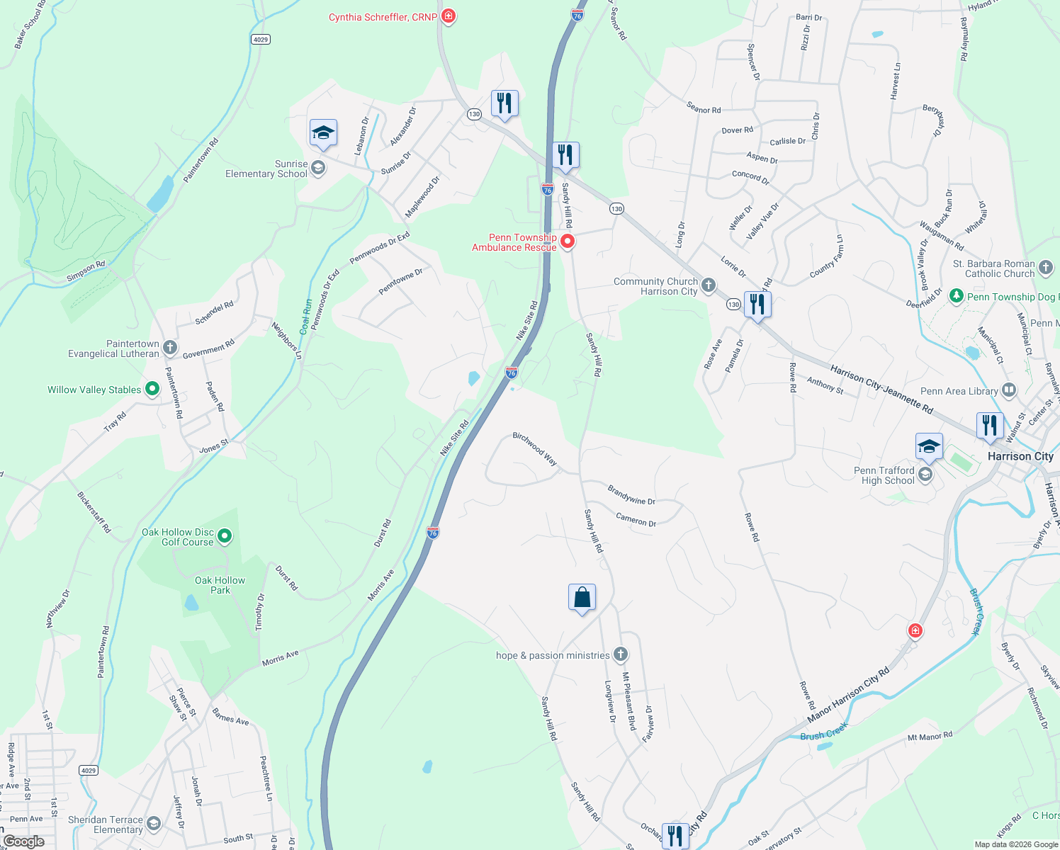 map of restaurants, bars, coffee shops, grocery stores, and more near 118 Birchwood Way in Irwin