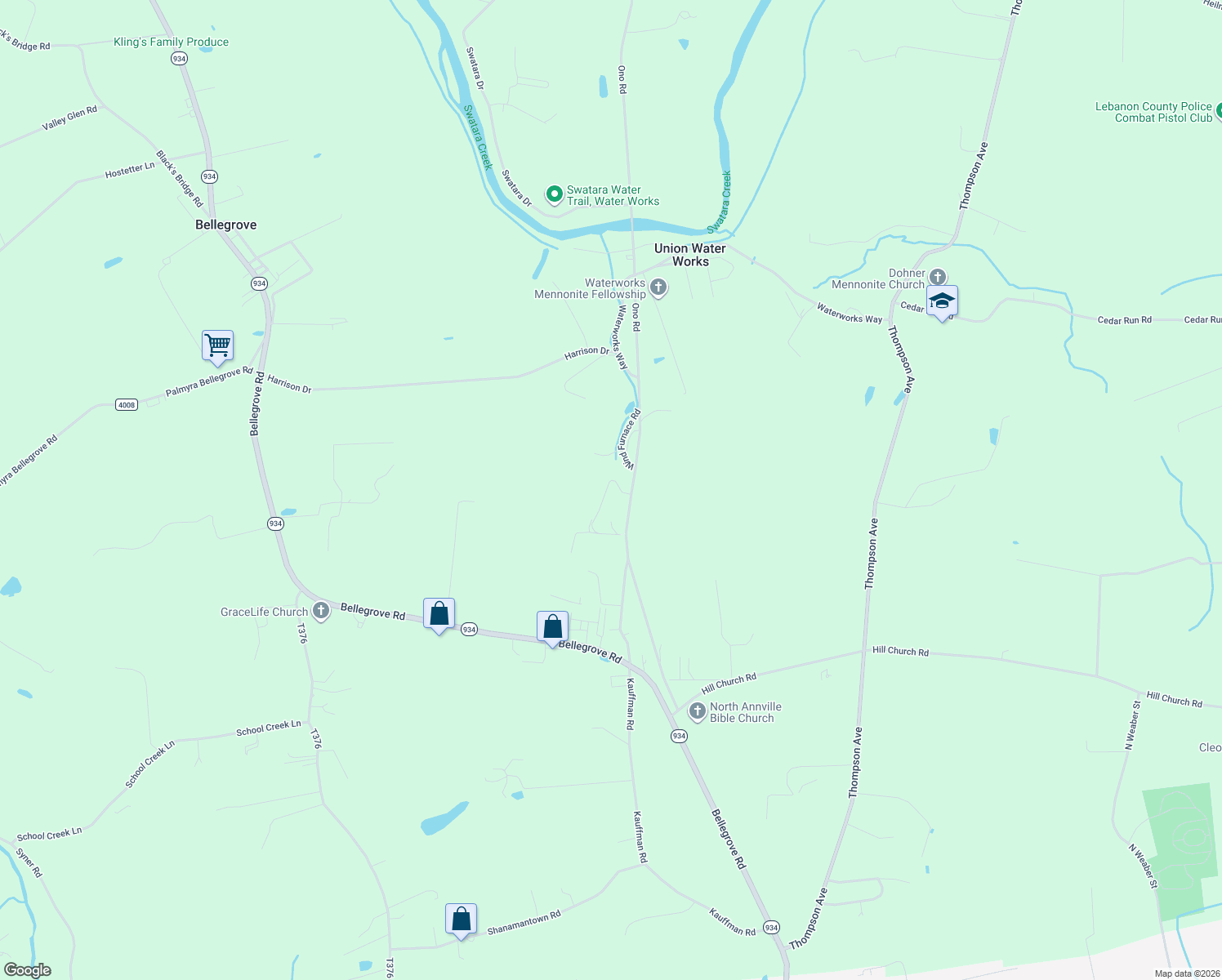 map of restaurants, bars, coffee shops, grocery stores, and more near 527 Ono Road in Annville