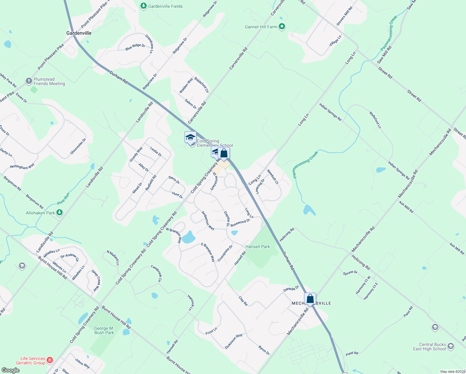 map of restaurants, bars, coffee shops, grocery stores, and more near 5130 Barness Court in Doylestown