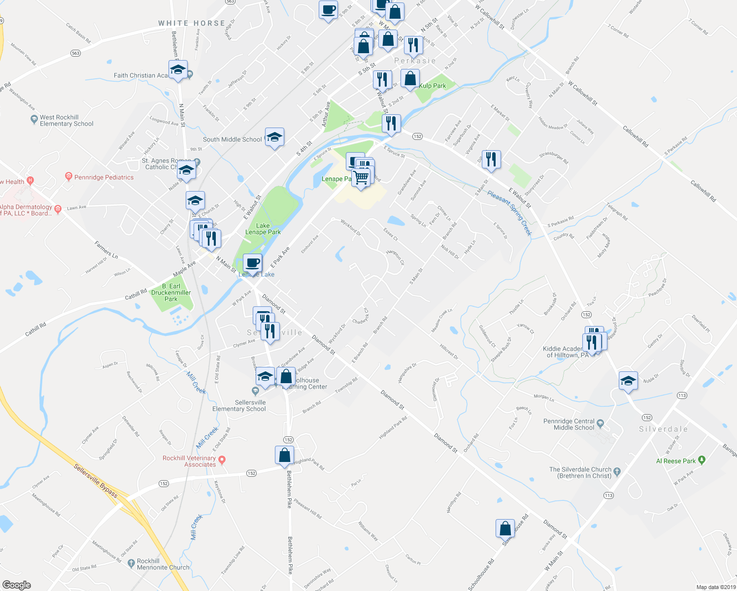 map of restaurants, bars, coffee shops, grocery stores, and more near 110 Mews Drive in Sellersville