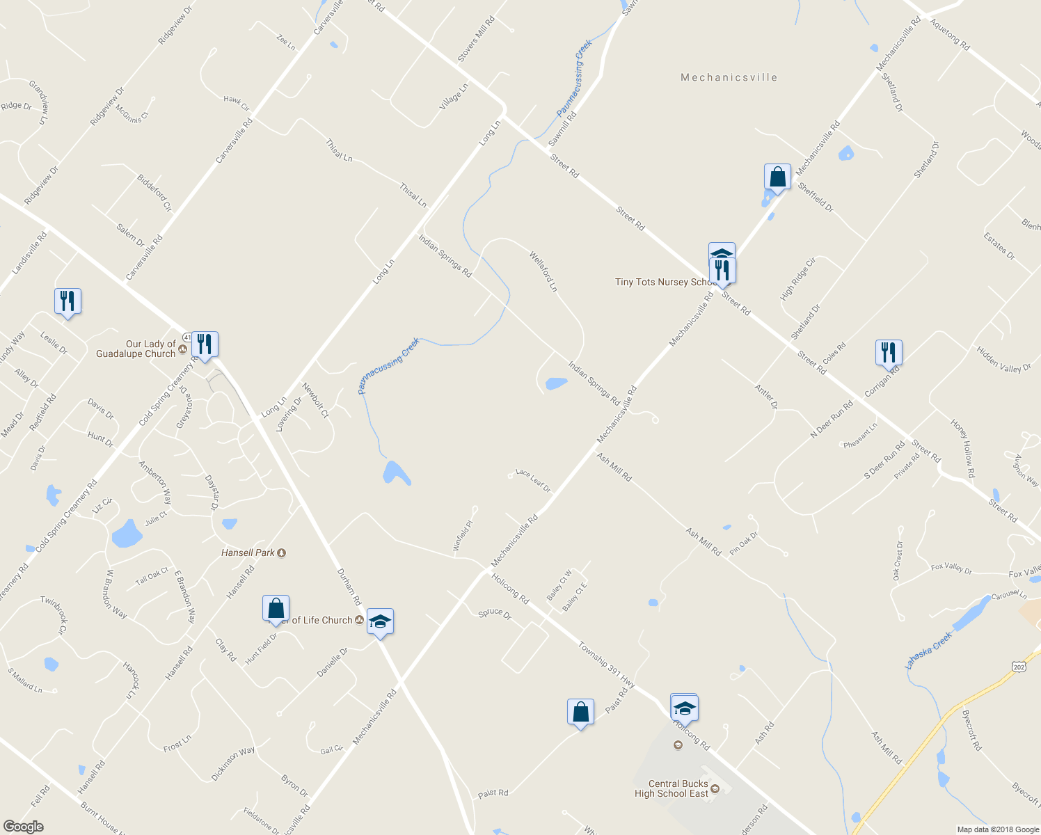 map of restaurants, bars, coffee shops, grocery stores, and more near 5536 Indian Ridge Road in Doylestown