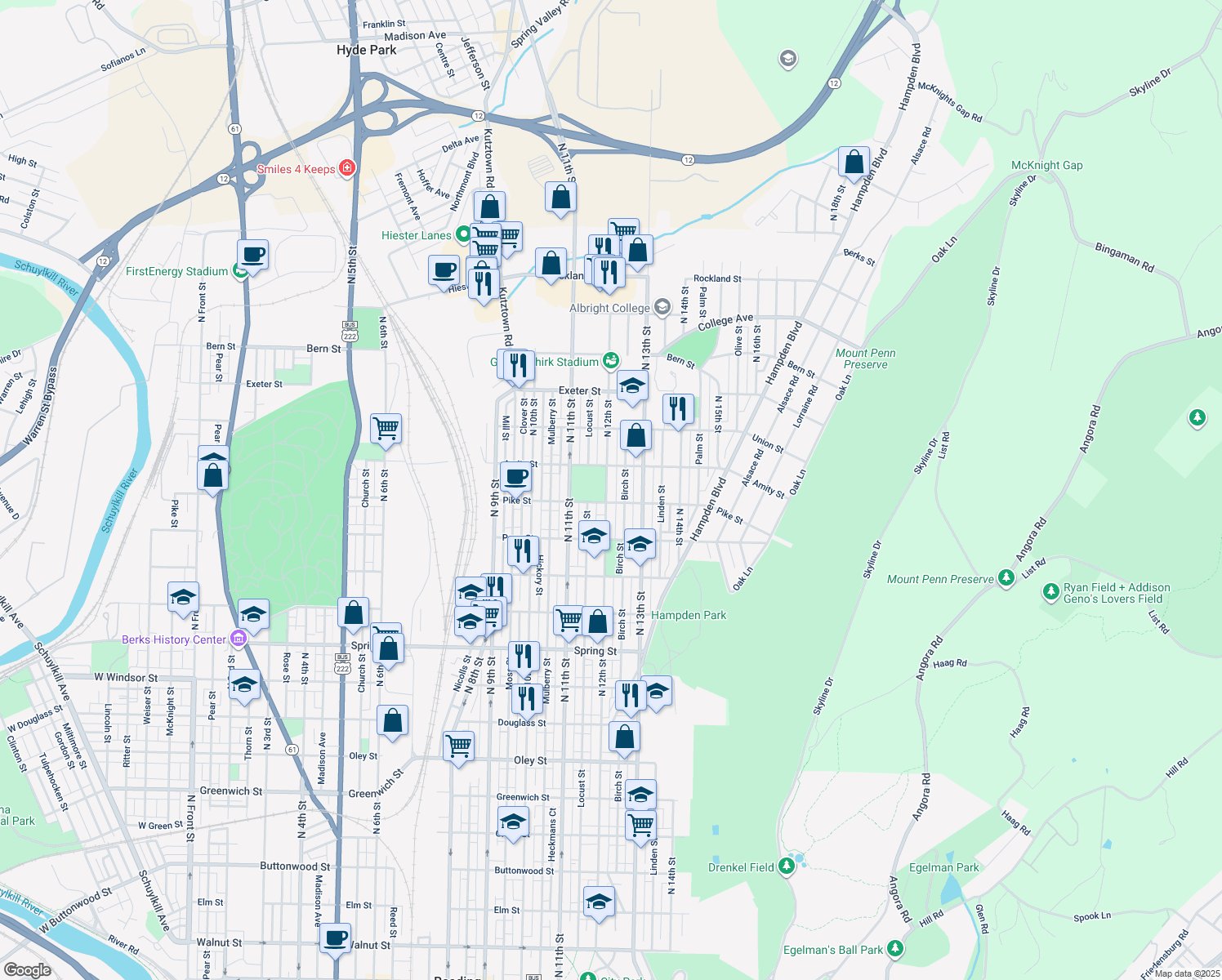 map of restaurants, bars, coffee shops, grocery stores, and more near 1413 North 12th Street in Reading