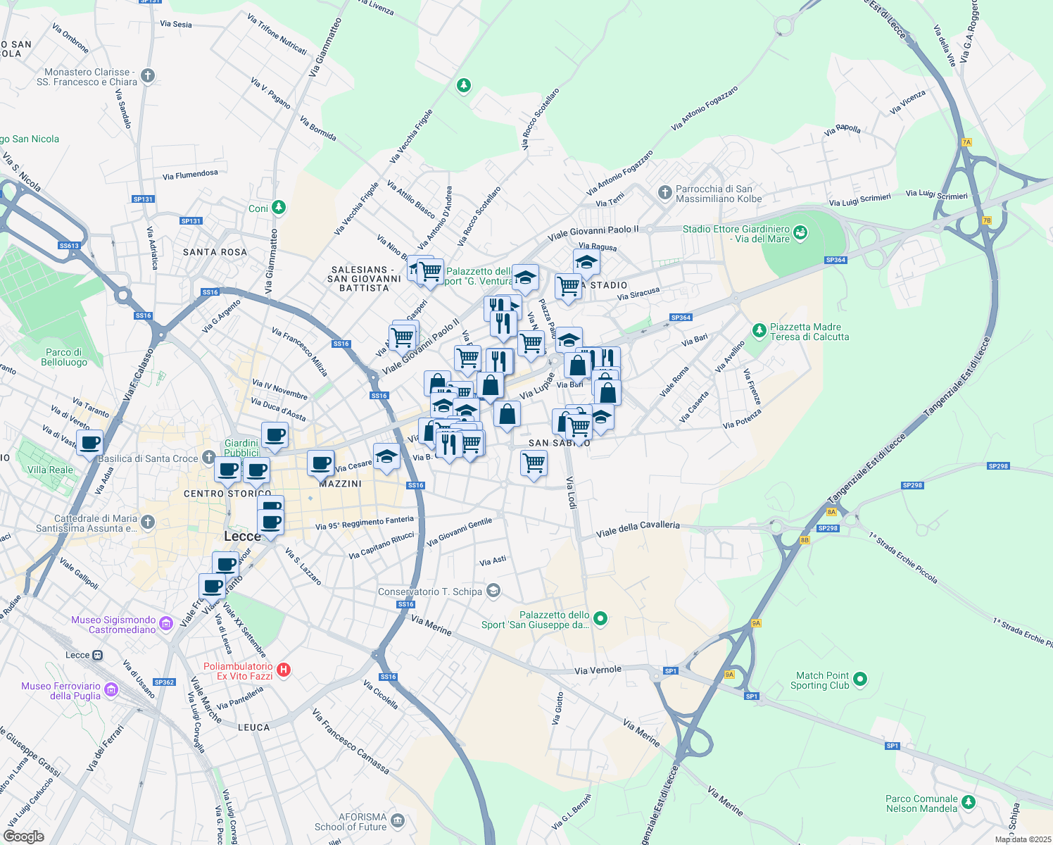 map of restaurants, bars, coffee shops, grocery stores, and more near 5 Via Michele Saponaro in Lecce