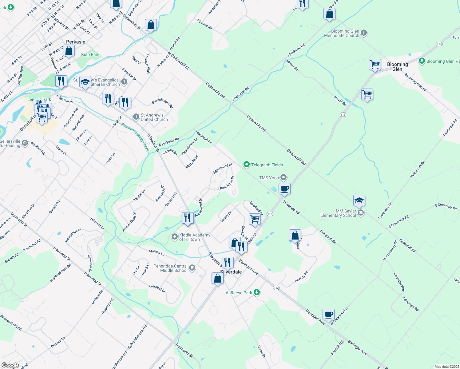 map of restaurants, bars, coffee shops, grocery stores, and more near 2613 Crabapple Circle in Perkasie