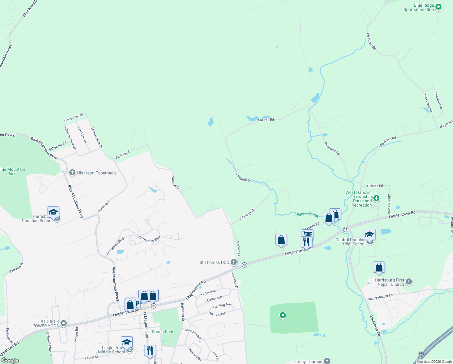 map of restaurants, bars, coffee shops, grocery stores, and more near 1720 Compton Dr in Harrisburg