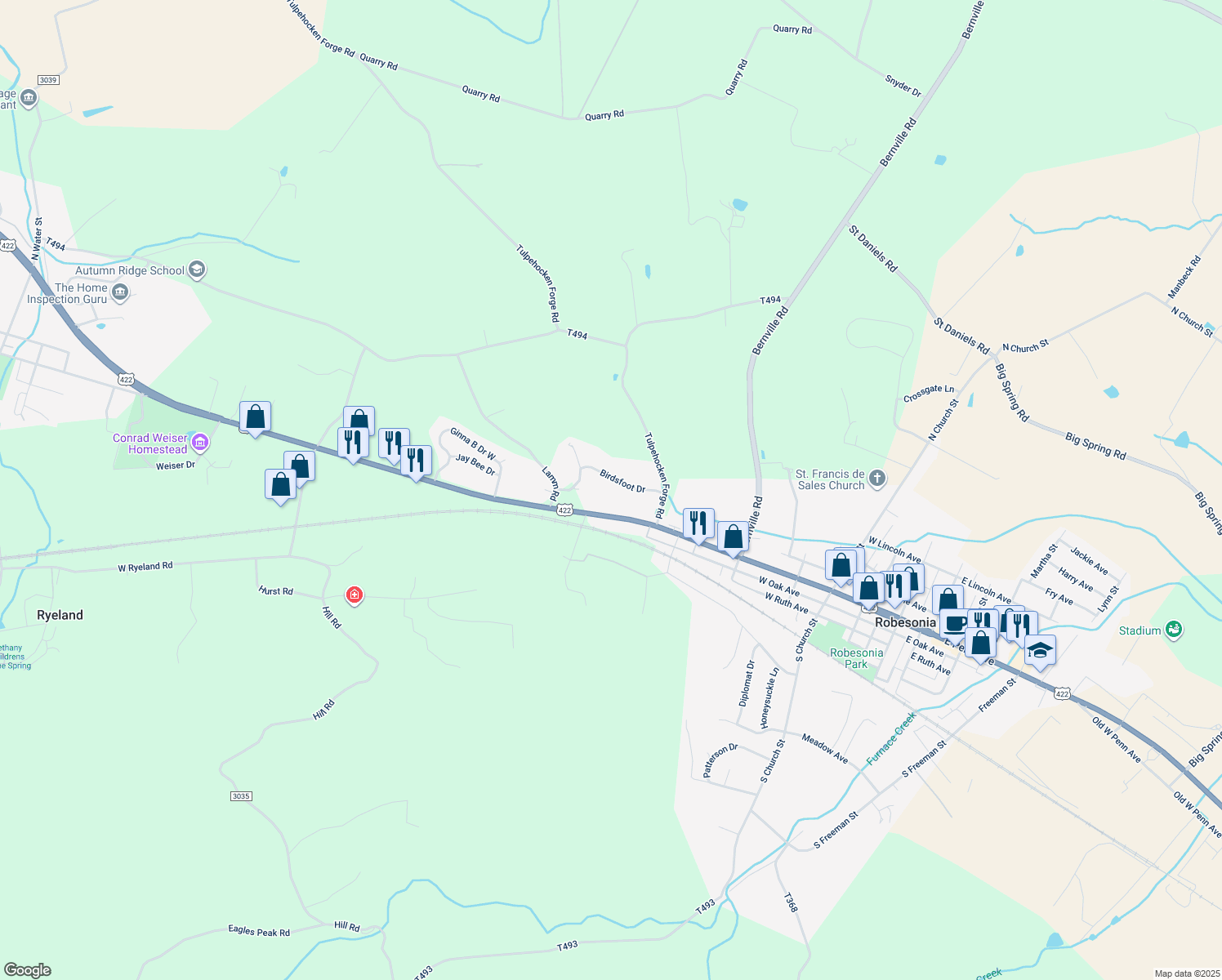map of restaurants, bars, coffee shops, grocery stores, and more near 11 Birdsfoot Drive in Robesonia