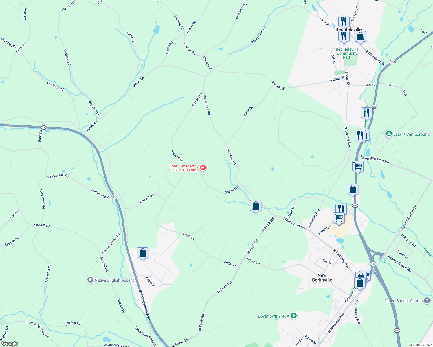 map of restaurants, bars, coffee shops, grocery stores, and more near 706 Bridle Path Lane in Boyertown