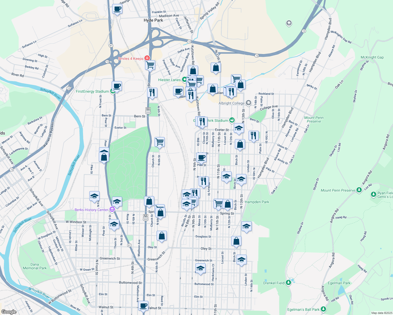 map of restaurants, bars, coffee shops, grocery stores, and more near 1439 North 9th Street in Reading