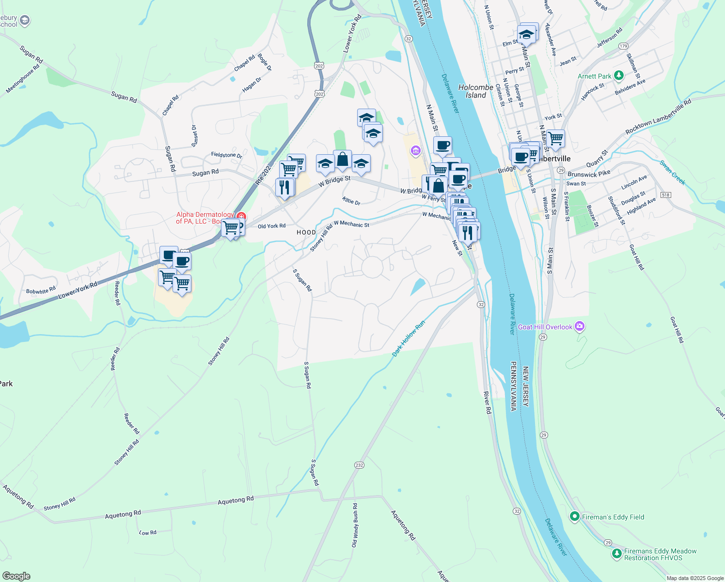 map of restaurants, bars, coffee shops, grocery stores, and more near 107 Summer Lea Court in New Hope