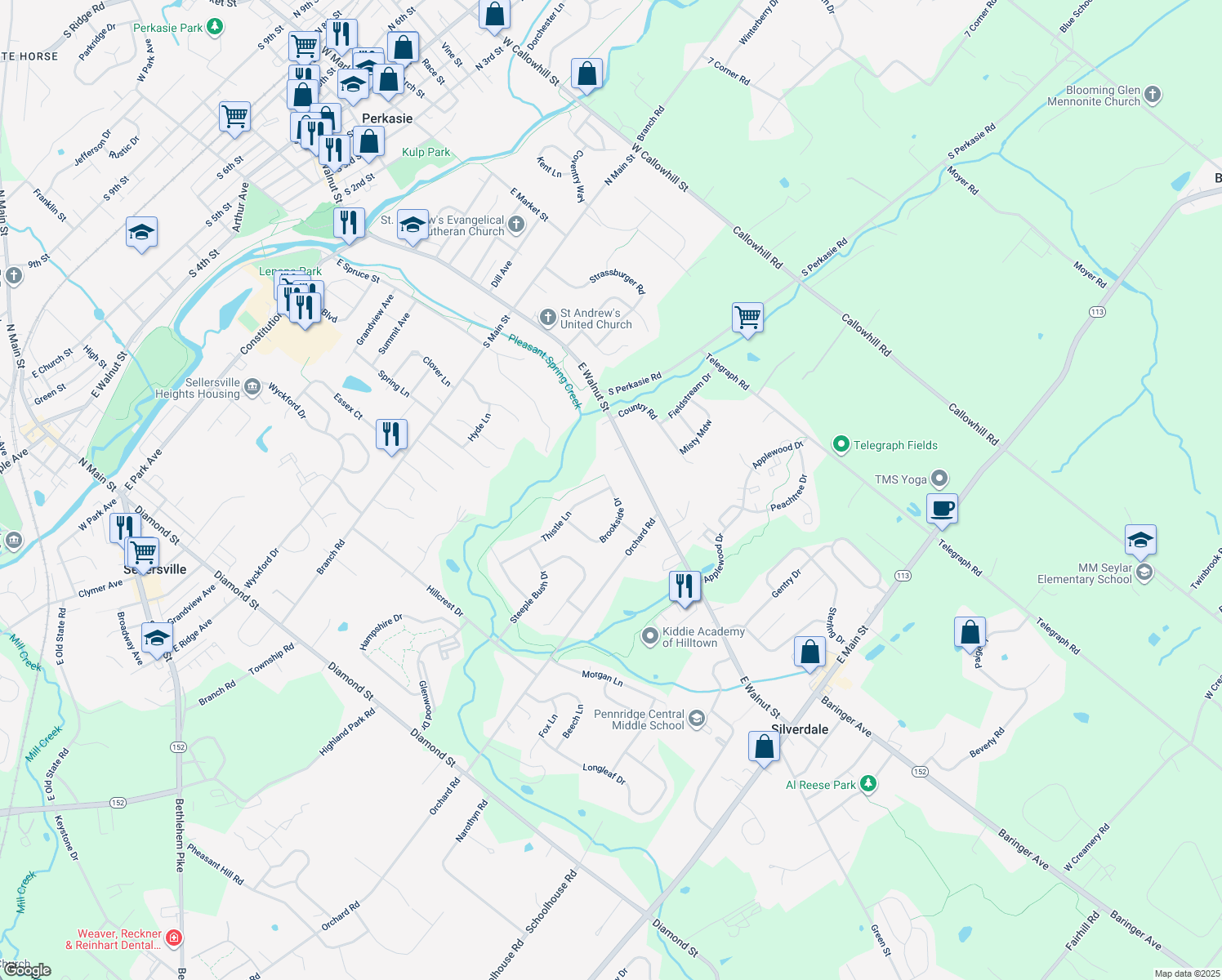 map of restaurants, bars, coffee shops, grocery stores, and more near 436 Brookside Drive in Perkasie