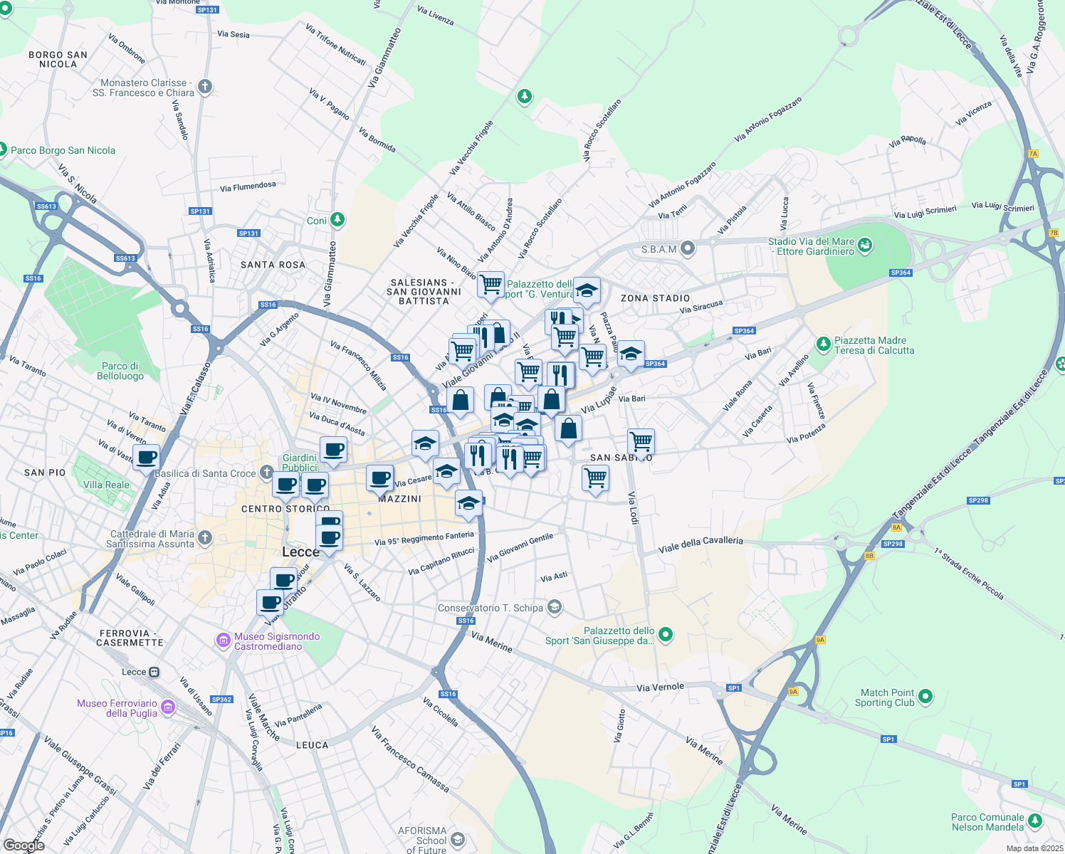 map of restaurants, bars, coffee shops, grocery stores, and more near 34 Via Lupiae in Lecce