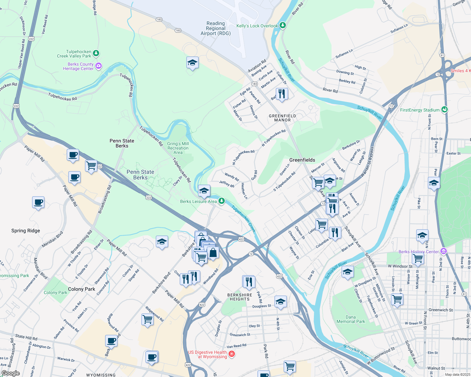 map of restaurants, bars, coffee shops, grocery stores, and more near 5 Jeffrey Road in Reading