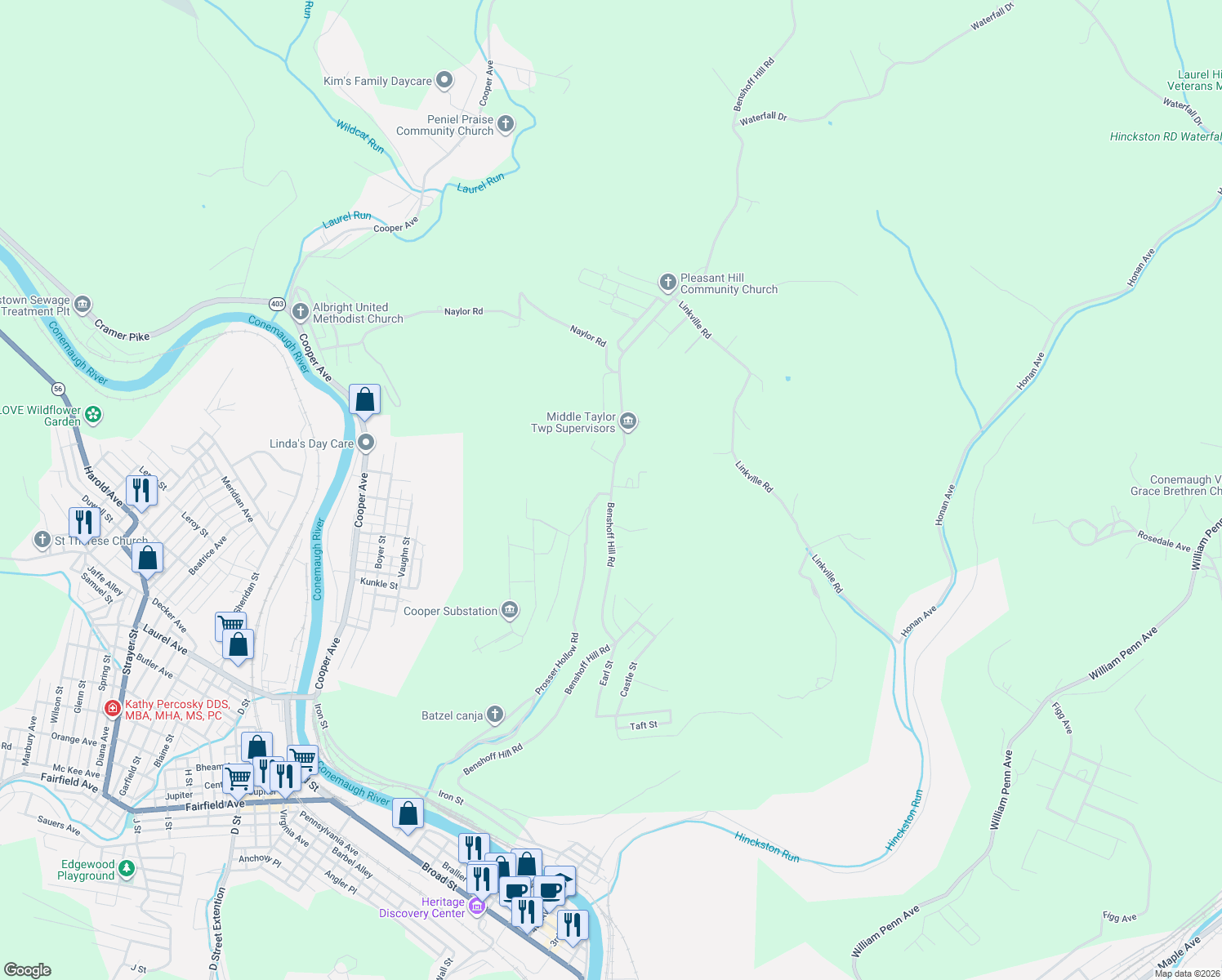 map of restaurants, bars, coffee shops, grocery stores, and more near 660 Benshoff Hill Road in Johnstown