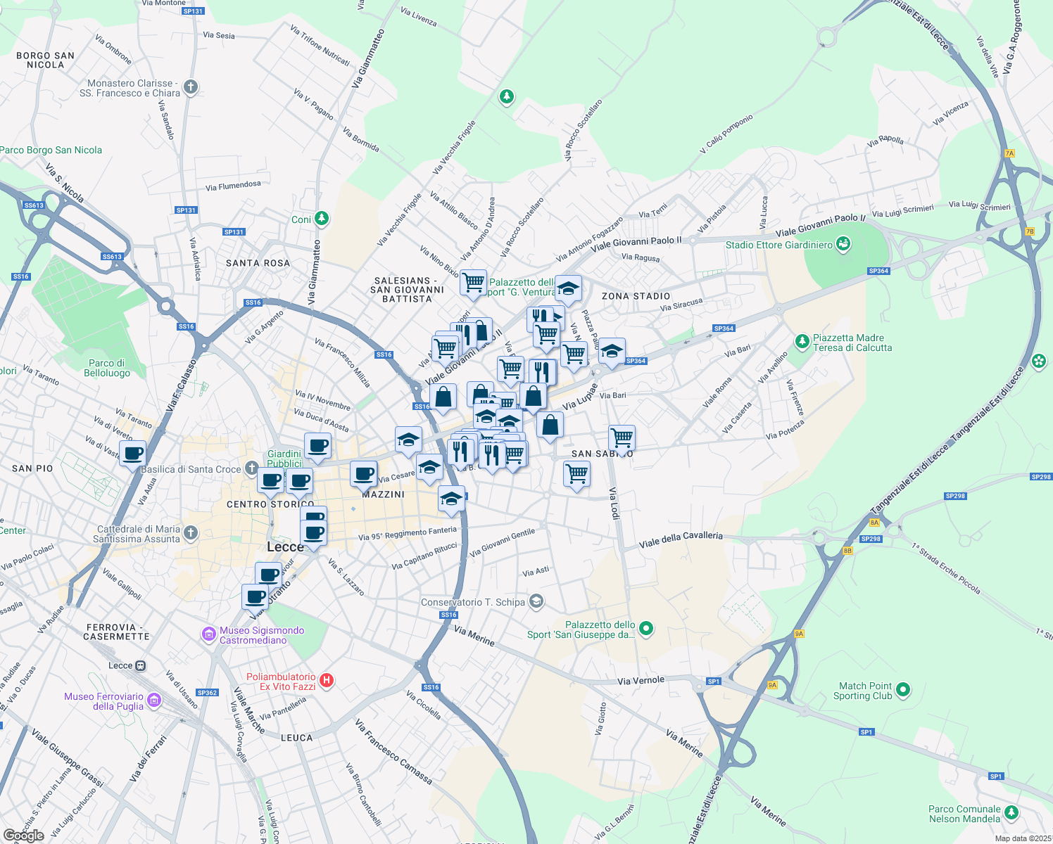map of restaurants, bars, coffee shops, grocery stores, and more near 34 Via Lupiae in Lecce