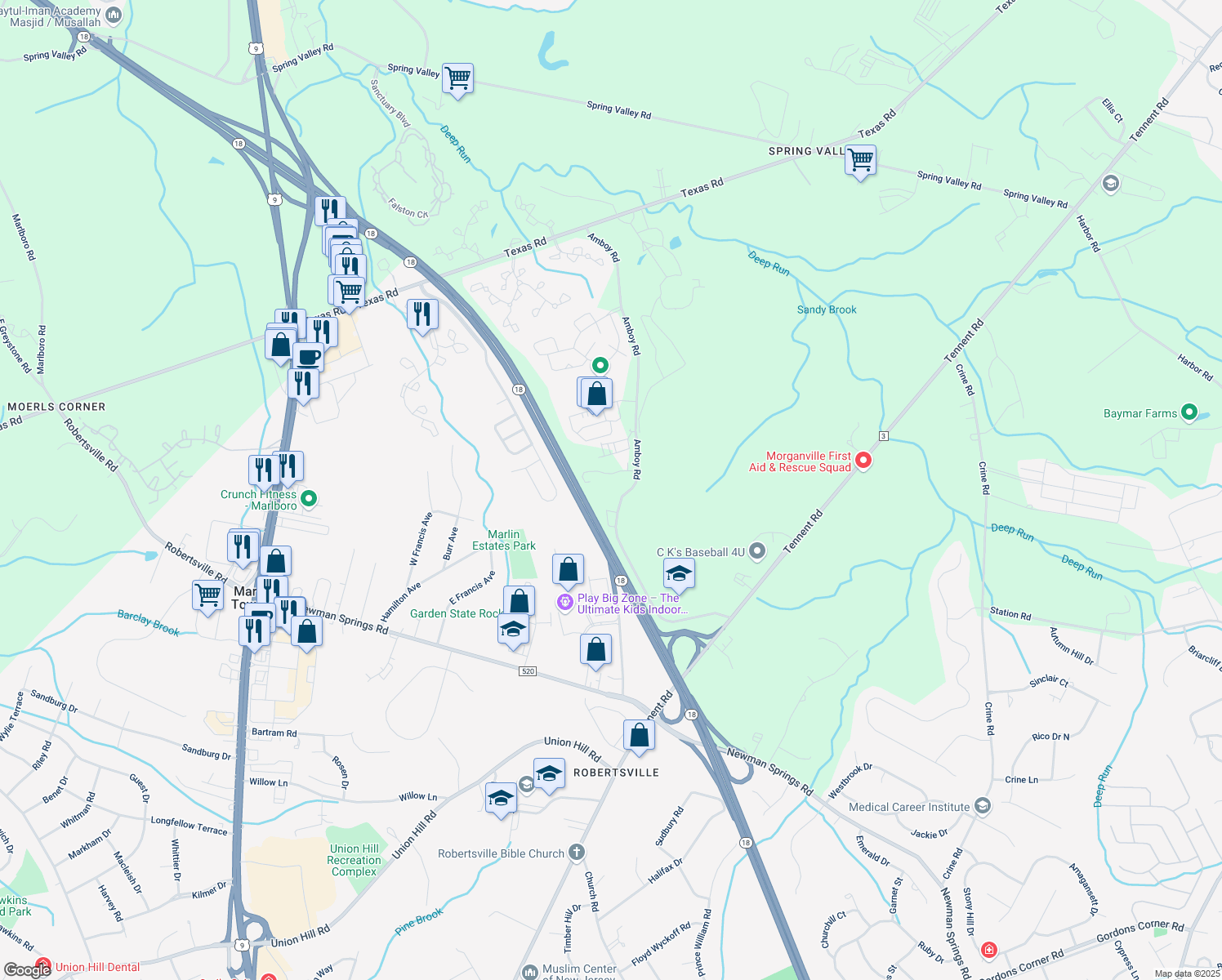 map of restaurants, bars, coffee shops, grocery stores, and more near 121 Amboy Road in Marlboro Township