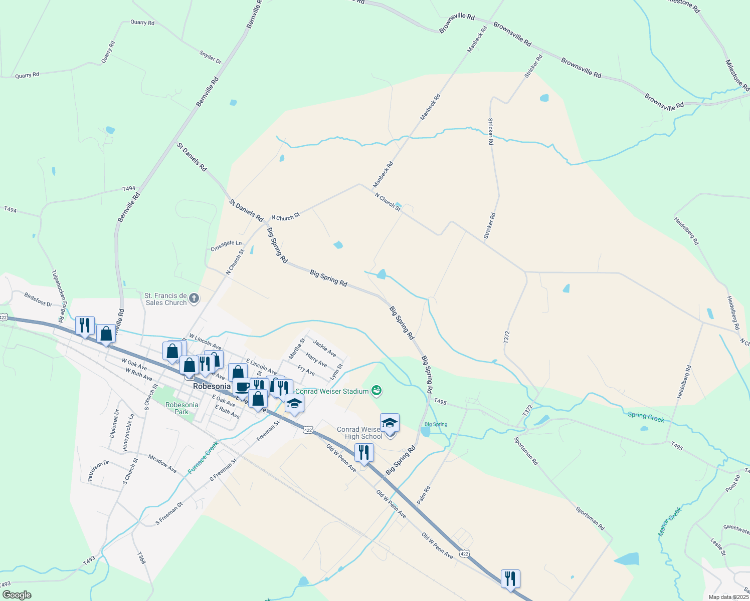 map of restaurants, bars, coffee shops, grocery stores, and more near 332 Big Spring Rd in Robesonia