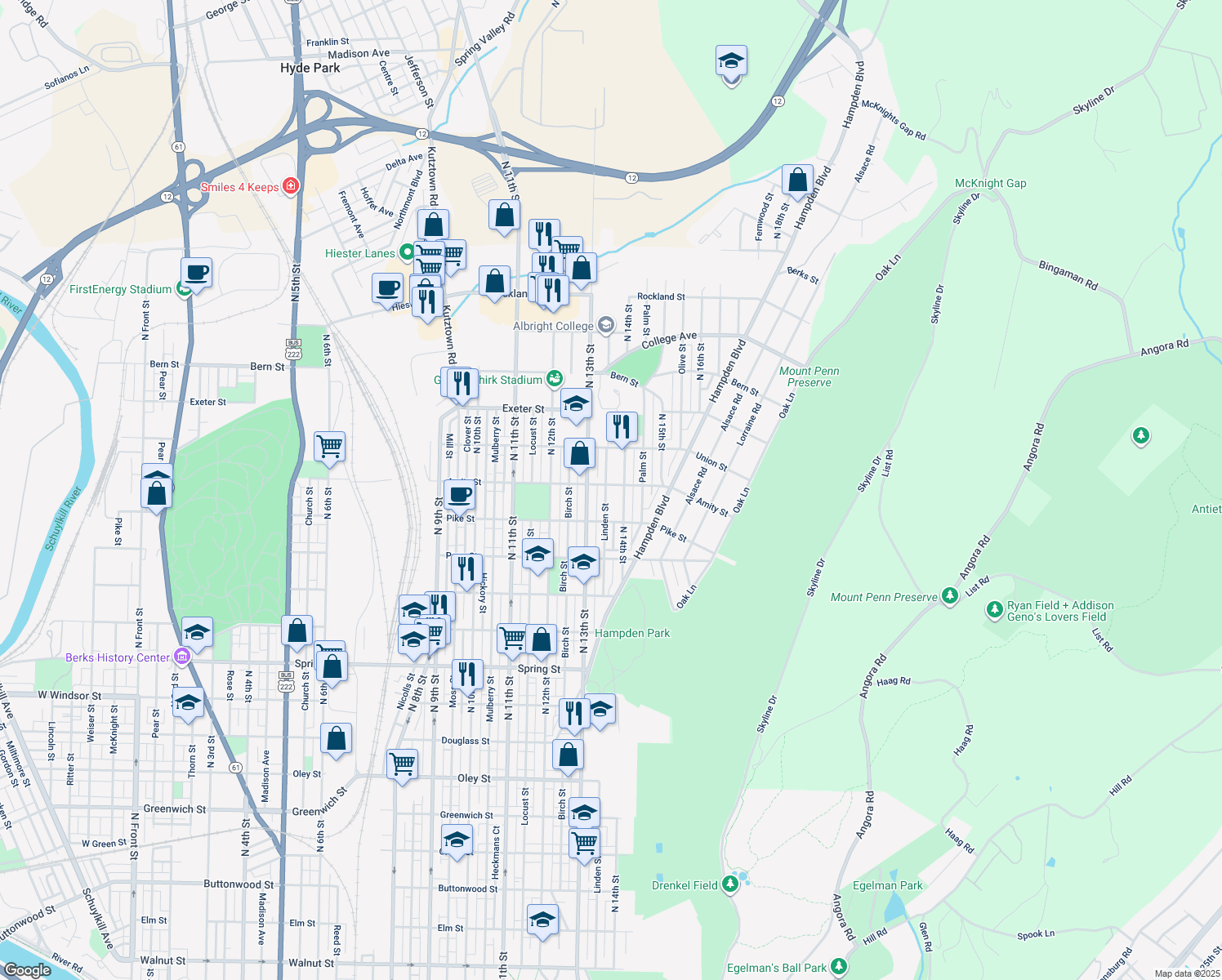 map of restaurants, bars, coffee shops, grocery stores, and more near 1429 Linden St in Reading