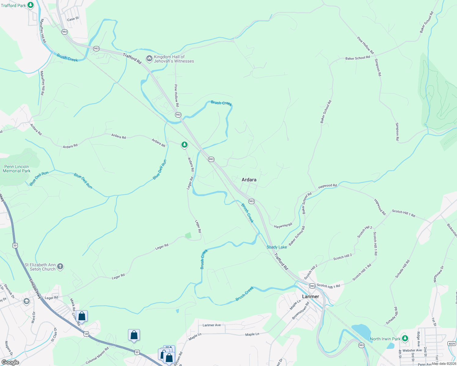 map of restaurants, bars, coffee shops, grocery stores, and more near 12800 Pennsylvania 993 in Ardara