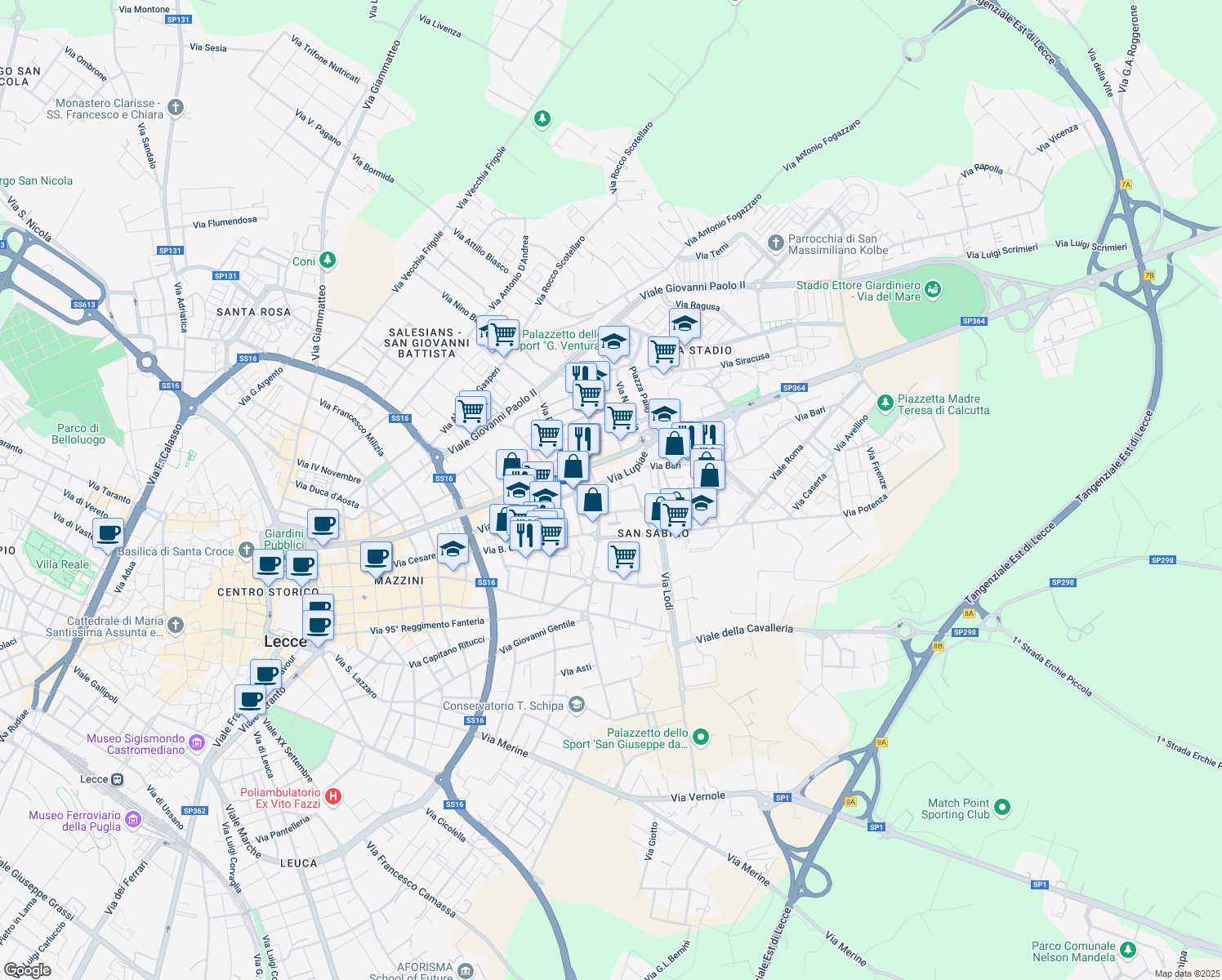 map of restaurants, bars, coffee shops, grocery stores, and more near 5 Via Michele Saponaro in Lecce