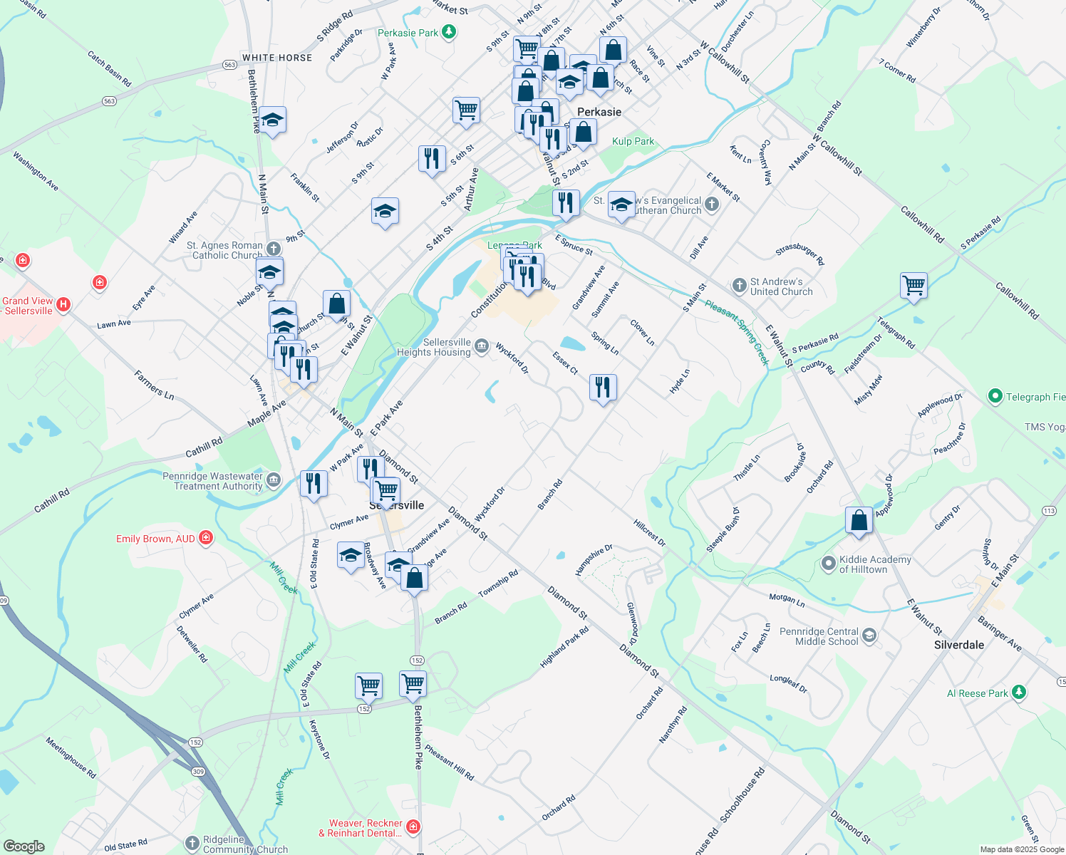 map of restaurants, bars, coffee shops, grocery stores, and more near 1007 Mews Drive in Sellersville