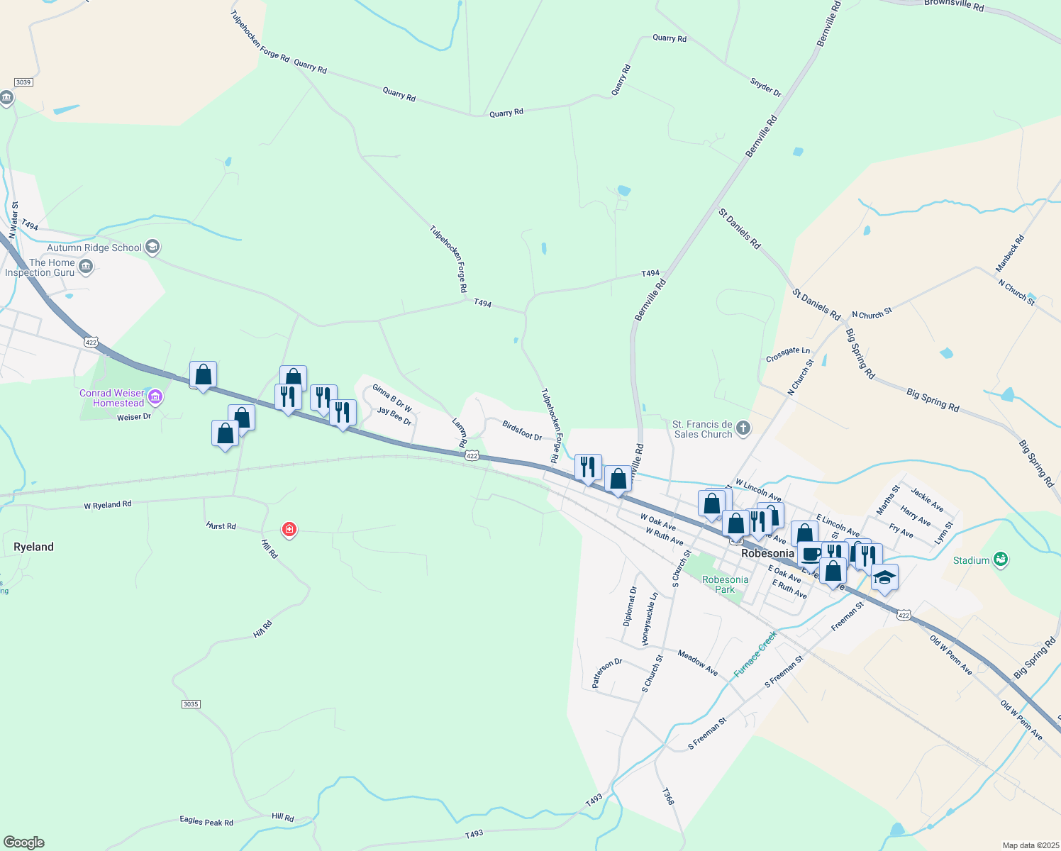 map of restaurants, bars, coffee shops, grocery stores, and more near 17 Birdsfoot Dr in Robesonia