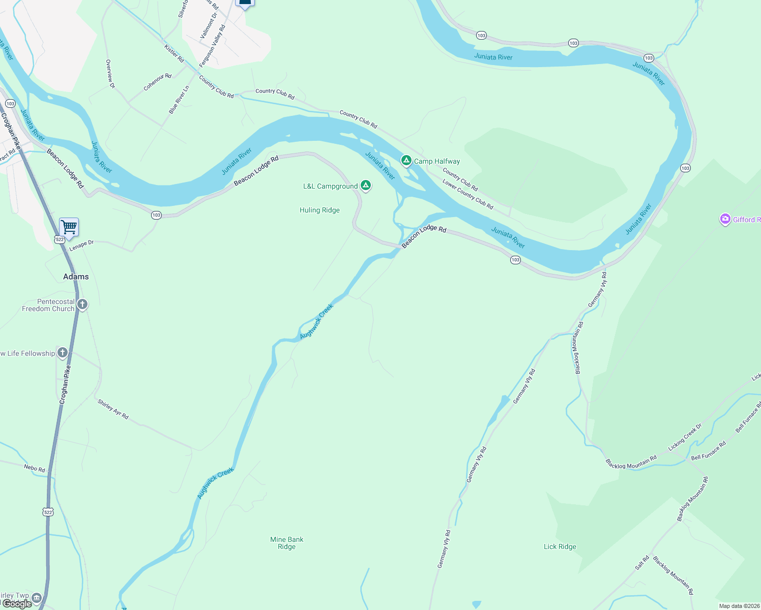 map of restaurants, bars, coffee shops, grocery stores, and more near 14843 Sycamore Lane in Mount Union
