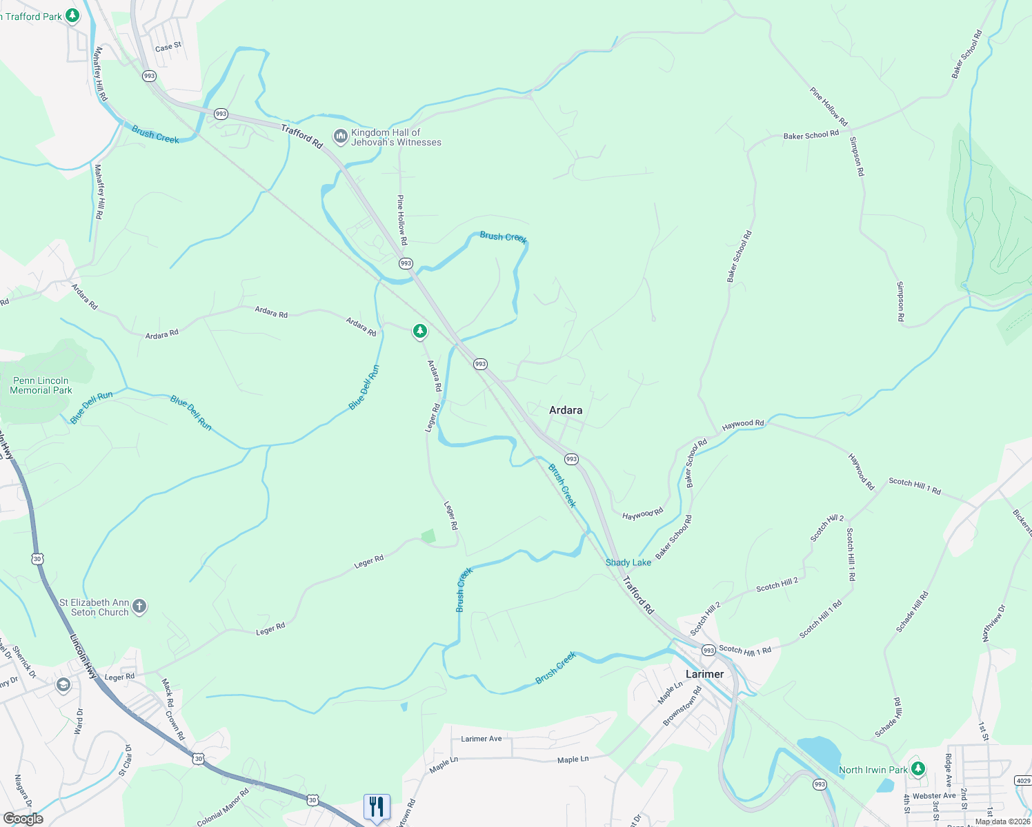 map of restaurants, bars, coffee shops, grocery stores, and more near 12800 Pennsylvania 993 in Ardara