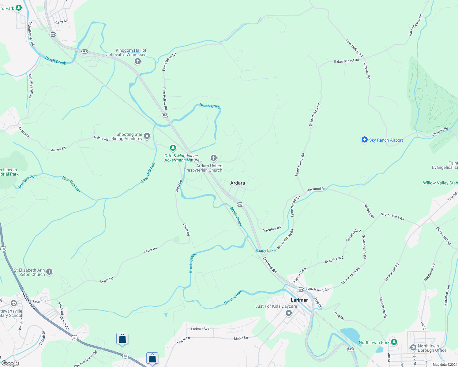 map of restaurants, bars, coffee shops, grocery stores, and more near 12800 Trafford Road in Irwin