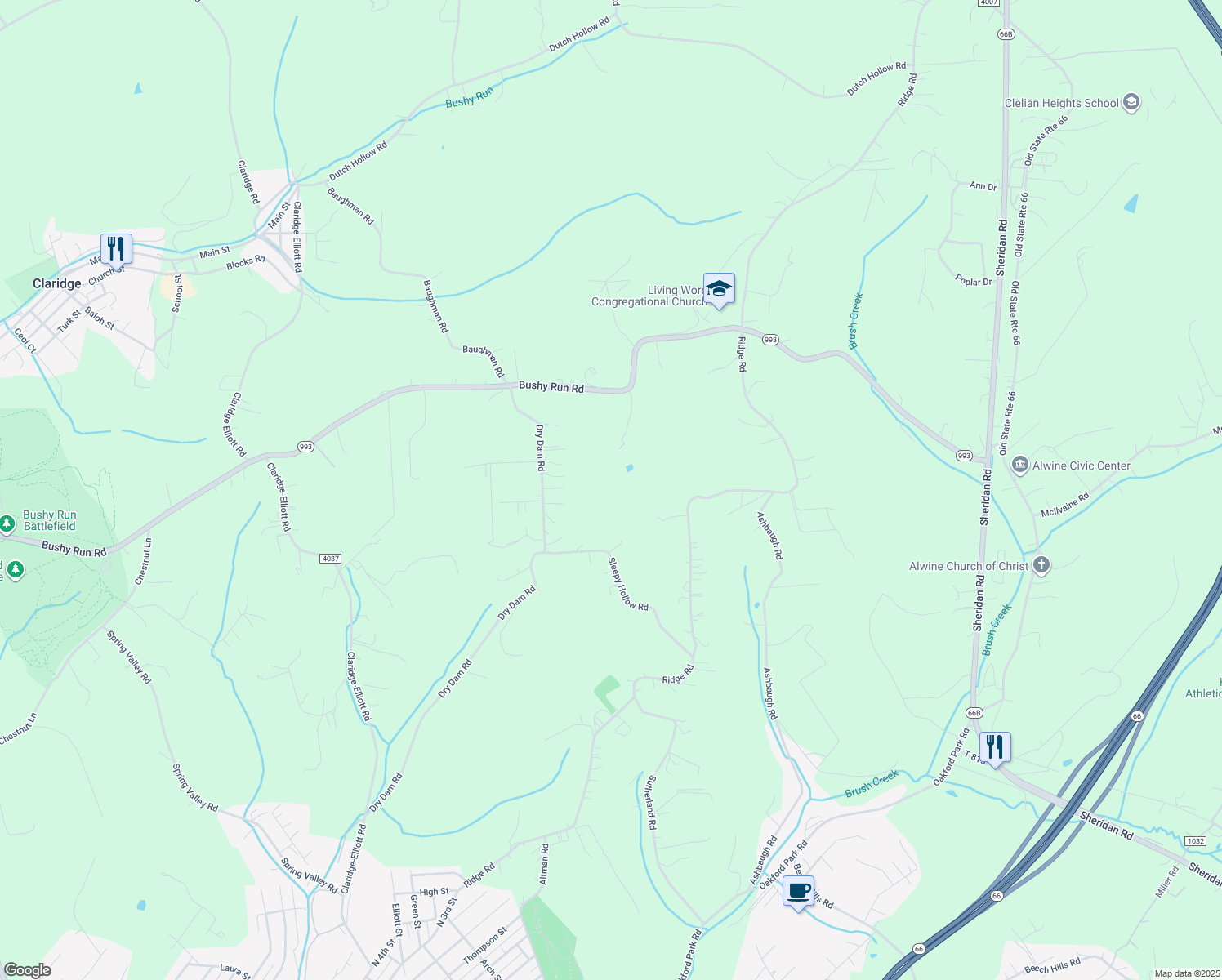 map of restaurants, bars, coffee shops, grocery stores, and more near in Jeannette