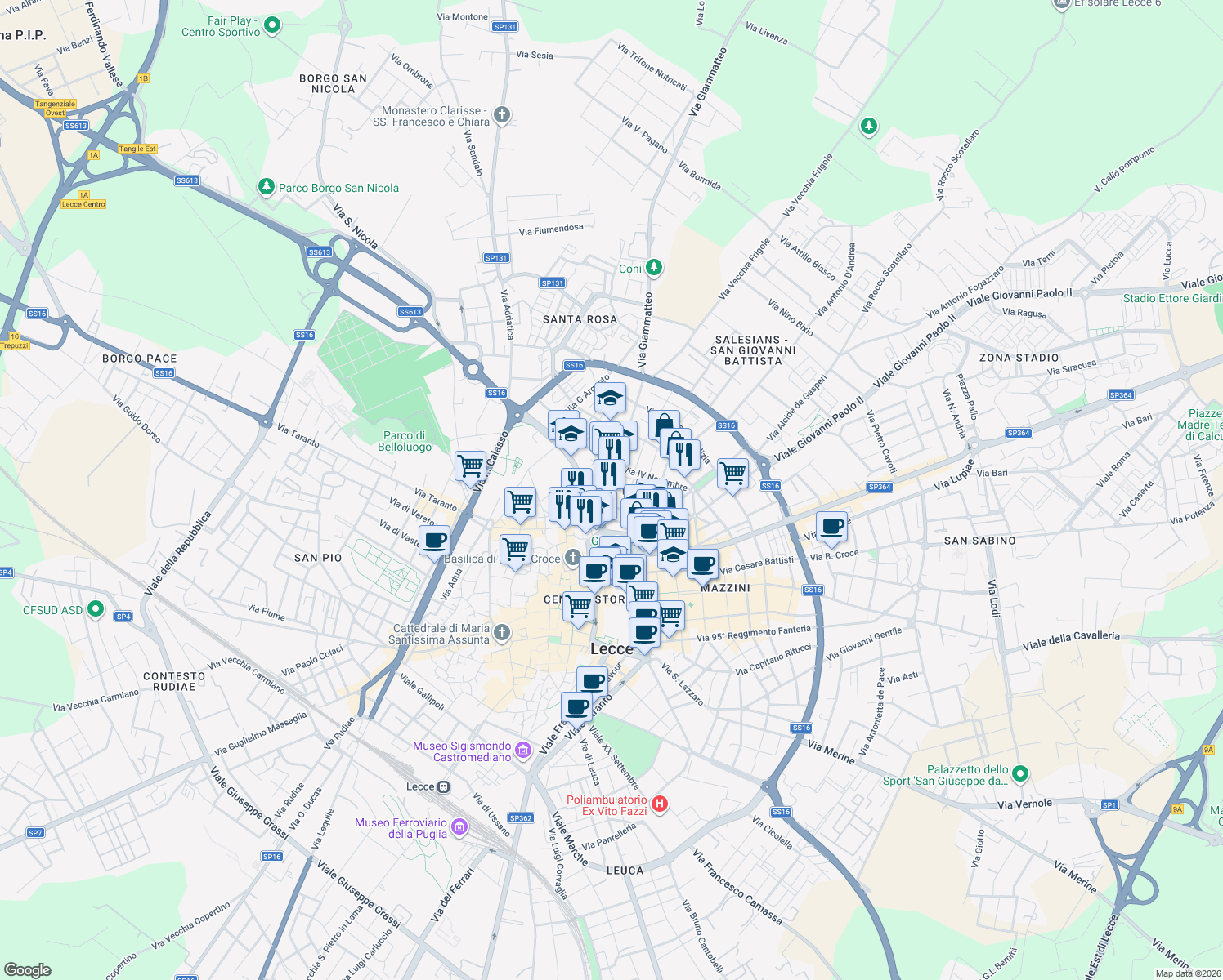 map of restaurants, bars, coffee shops, grocery stores, and more near 29-33 Via Colonnello Archimede Costadura in Lecce
