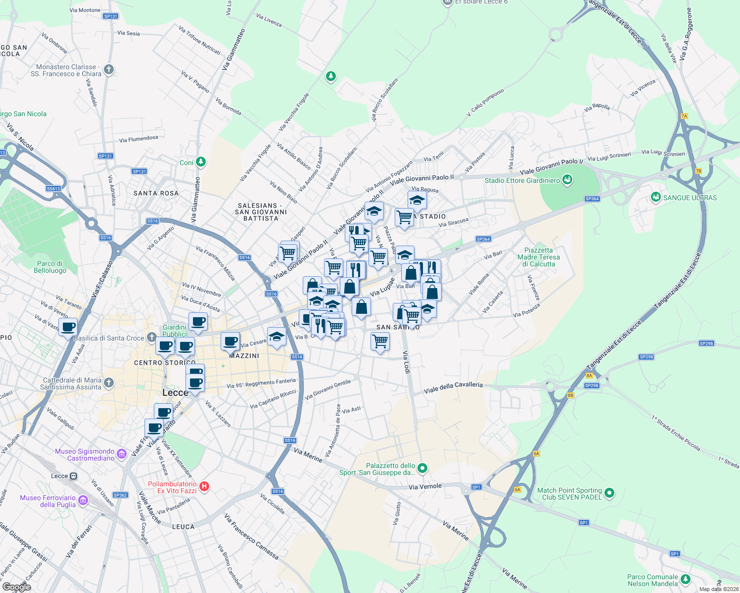 map of restaurants, bars, coffee shops, grocery stores, and more near 5 Via Michele Saponaro in Lecce