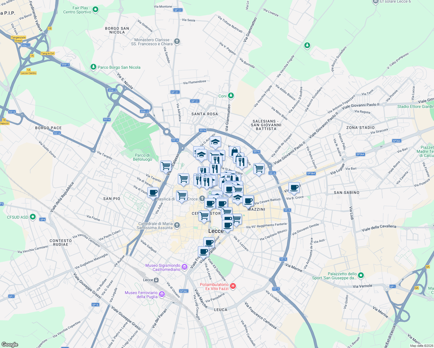 map of restaurants, bars, coffee shops, grocery stores, and more near 33 Via Colonnello Archimede Costadura in Lecce