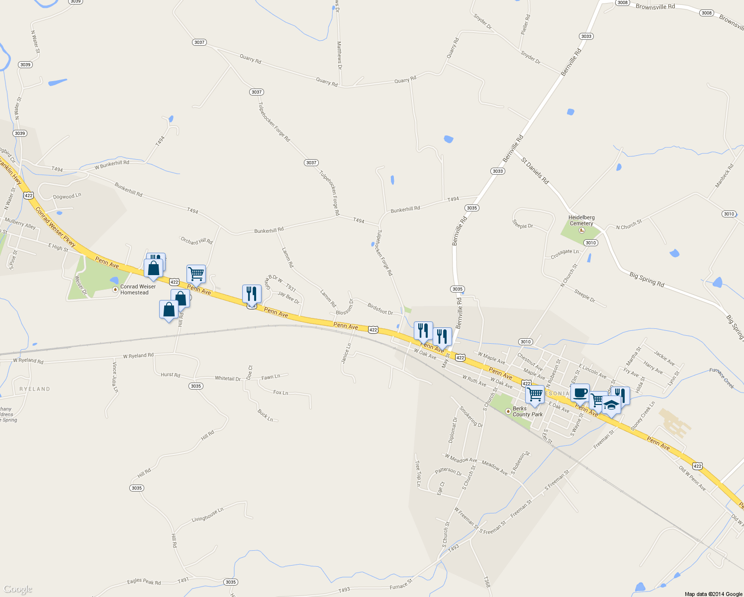 map of restaurants, bars, coffee shops, grocery stores, and more near 19 Birdsfoot Drive in Robesonia